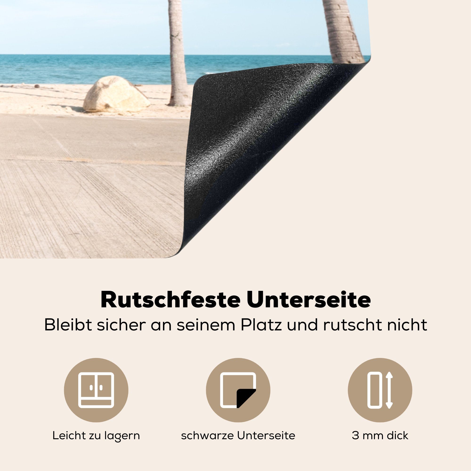 MuchoWow - Herdblende-/Abdeckplatte Strand 83x51 küche Ceranfeldabdeckung, (1 Arbeitsplatte cm, - Sommer, für Palme tlg), Vinyl,