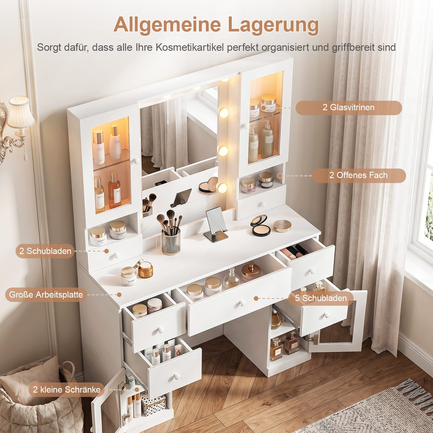 oyajia Schminktisch mit Spiegel und LED-Leuchten, Steckdosenleiste, 5 Schubladen (1 Schränke, 10 dimmbare Glühbirnen, 3 Lichtfarben, 107.5x40x155.5cm), für Ihr  – Bild 5 von 5