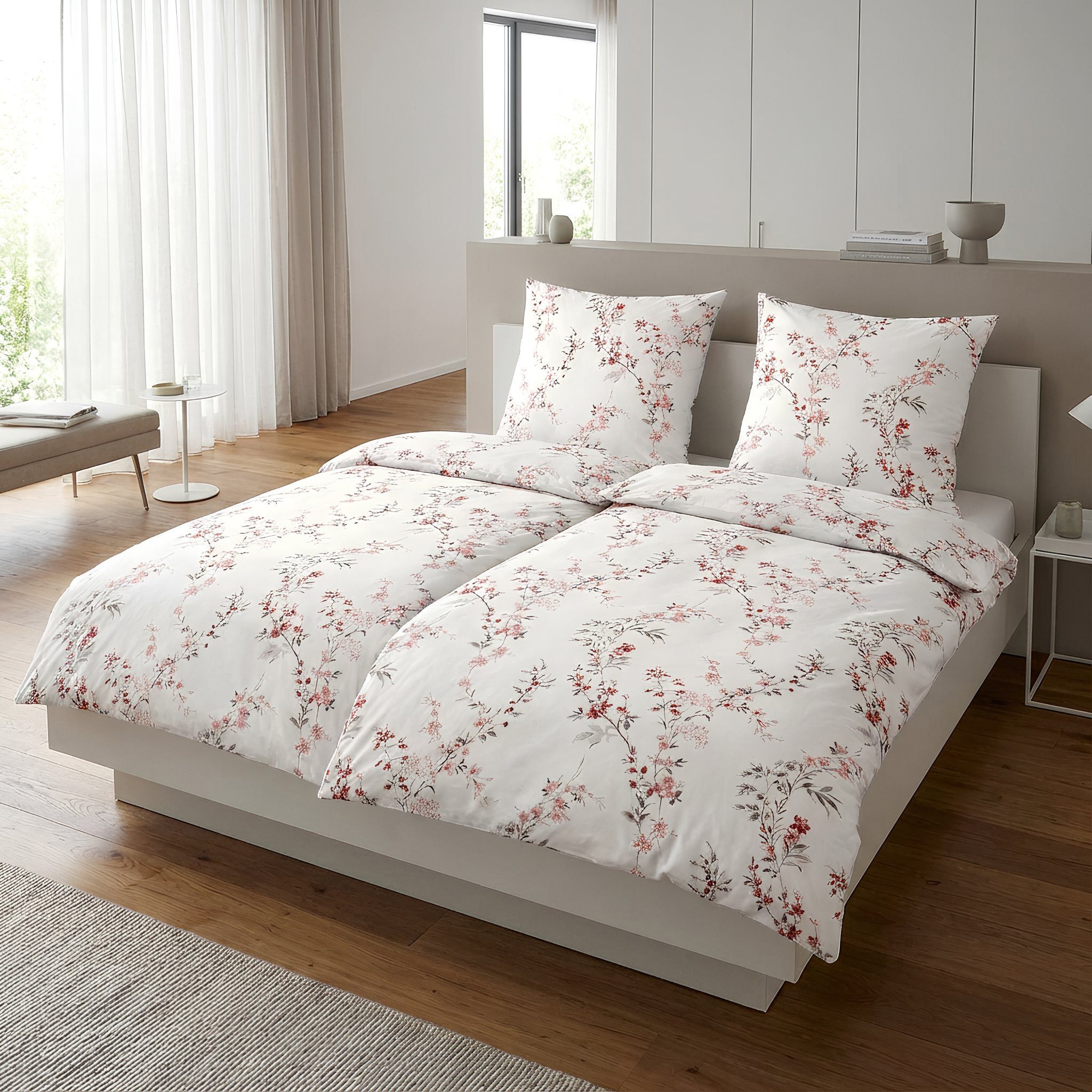 Janine Bettwäsche Edel Baumwolle, Flanell, 2 teilig, Blumenzweige mit rosa günstig online kaufen