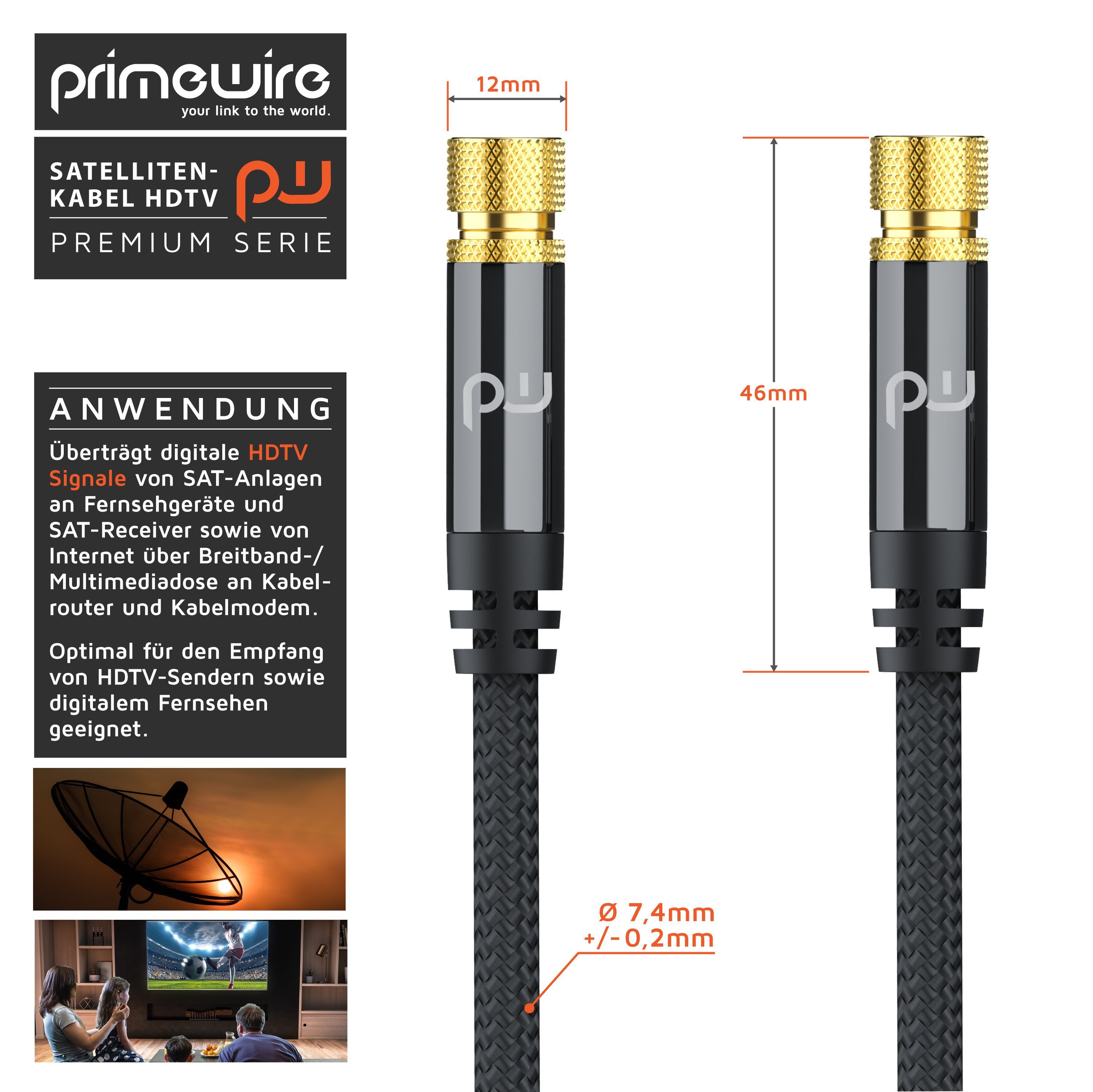 Primewire SAT-Kabel, F-Stecker, Koaxial (50 cm), HDTV Satellitenkabel mit Stoffummantelung, 135Db 75 Ohm - 0,5m