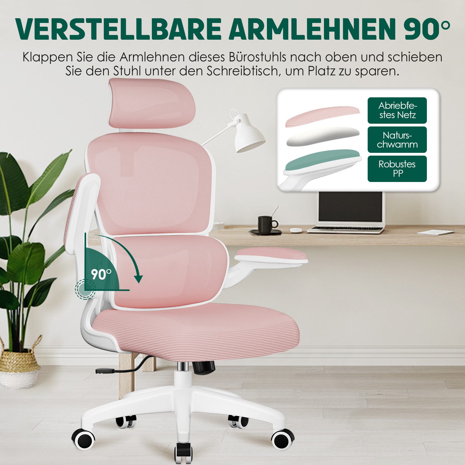 Fukstern Bürostuhl Ergonomischer Bürostuhl mit 90° klappbaren Armlehnen (Verstellbare Kopfstütze, atmungsaktiver Mesh-Bezug, Rücken- und Taillenstütze, Neigung  – Bild 5 von 5