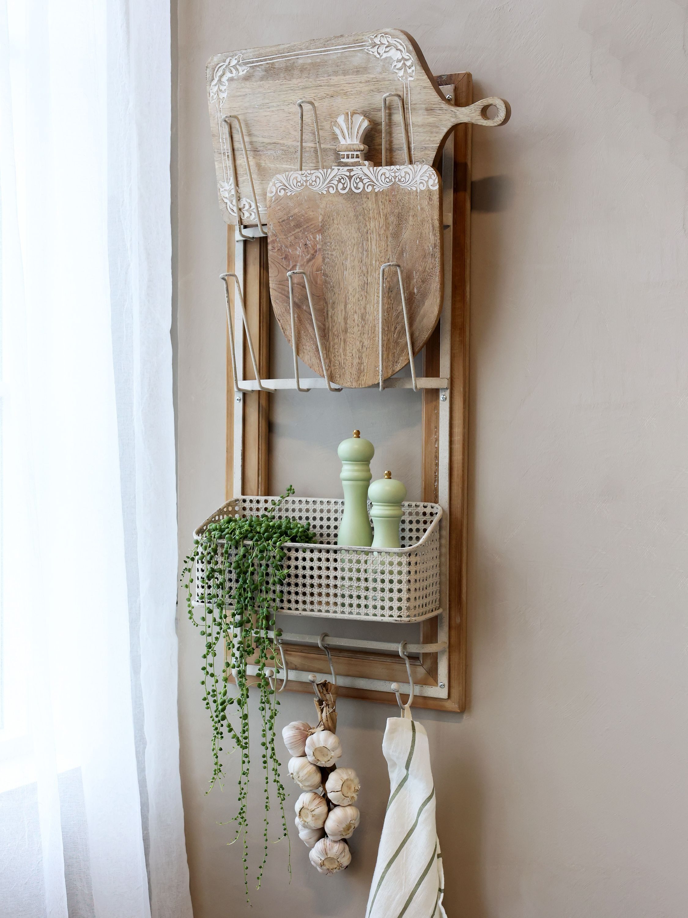 Chic Antique Wandregal Chic Antique - Wandregal 6 Halter Korb 4 Haken Holz Metall Natur Grau