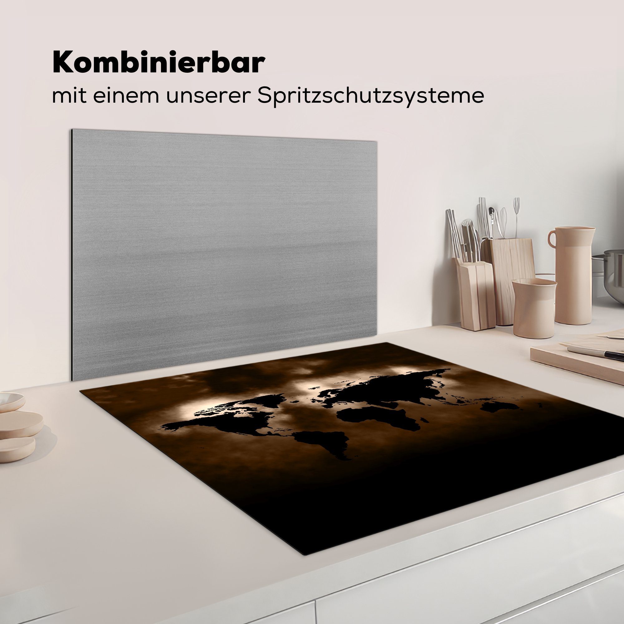 Schwarz, - 78x78 (1 MuchoWow Arbeitsplatte cm, Weltkarte tlg), - küche für Sepia Herdblende-/Abdeckplatte Ceranfeldabdeckung, Vinyl,