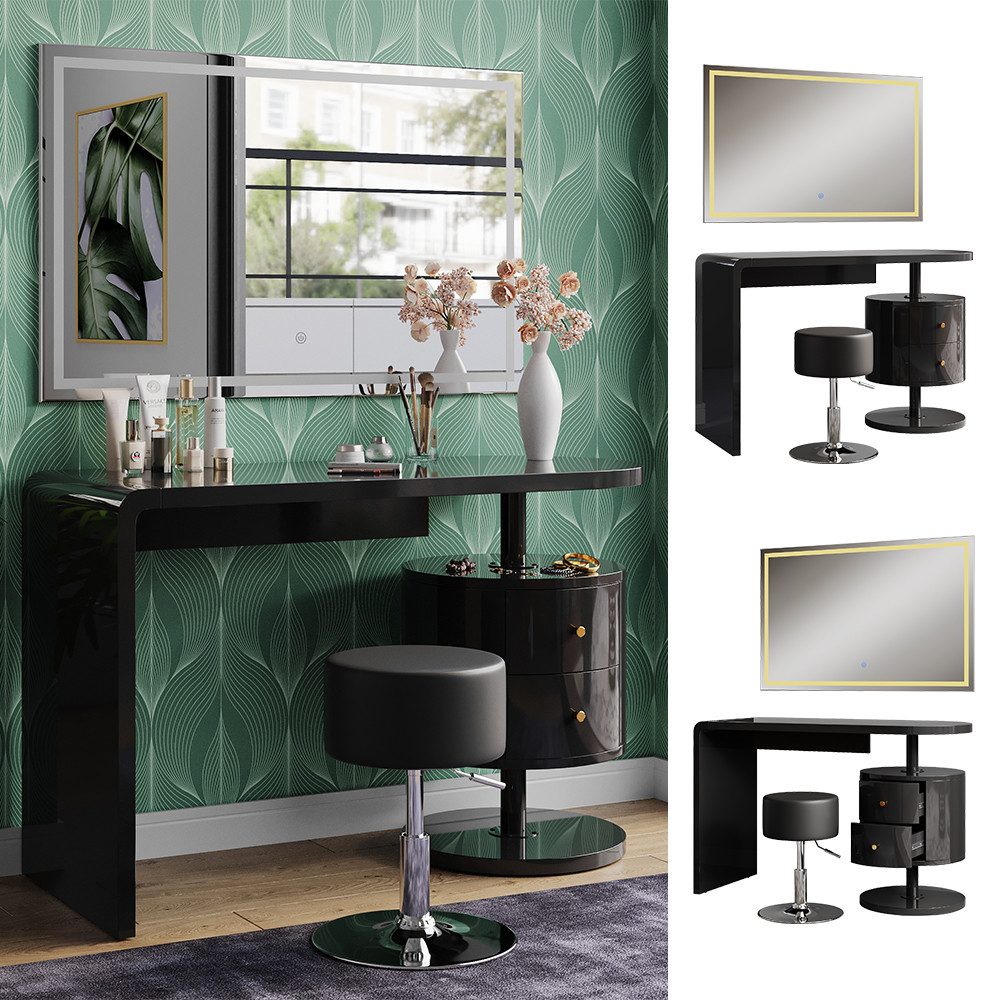Vicco Schminktisch Lara, Schwarz Hochglanz, 120 cm mit LED-Spiegel und Hocker (3-St)