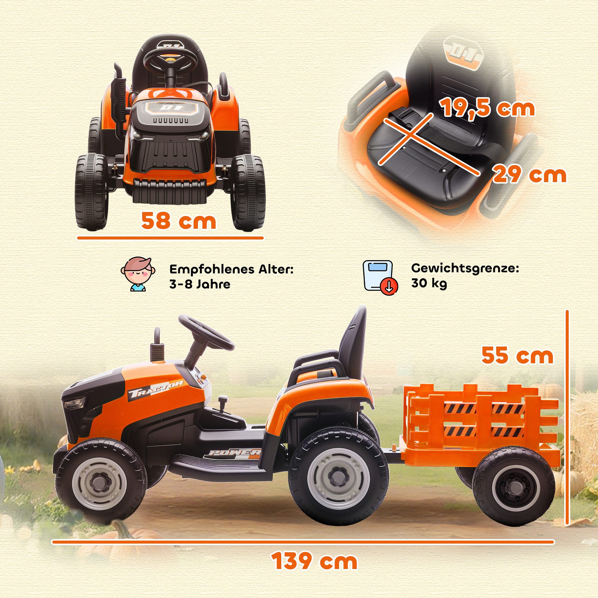 AIYAPLAY Elektro-Kindertraktor Aufsitz-Traktor mit Fernbedienung, Belastbarkeit 30 kg, (1-tlg), Soft-Start-Funktion, für Kinder im Alter von 3-8 Jahren, Orange