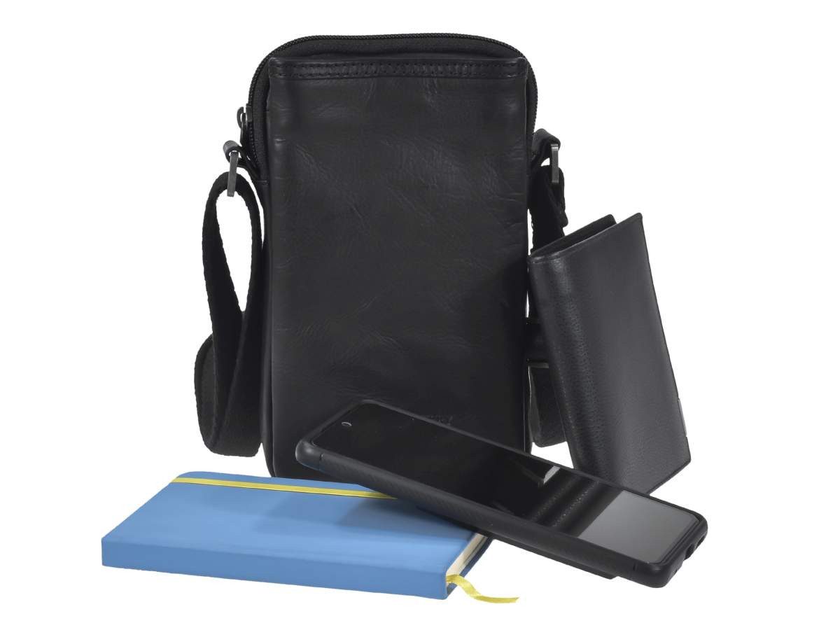 Greenburry Umhängetasche Pure Black, mit Handyfach 10x18cm, Damen Herren, Schultertasche für Handy