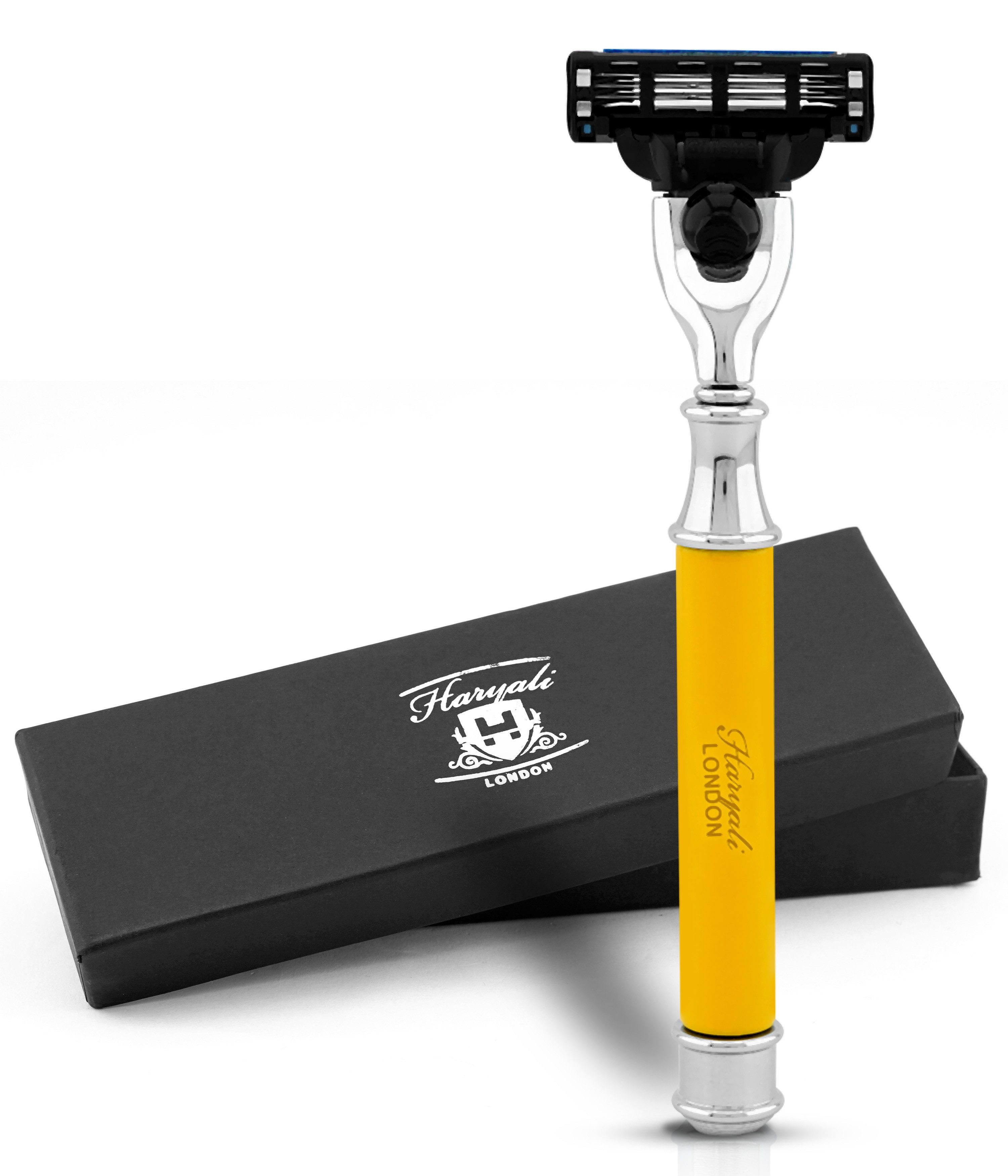 Haryali London Nassrasierer 3-Klingen-Rasierer für Unisex, Smart Grip, Gesichtsrasierer, gelb, Pack, Razor with removable blade and brass-silver handle, Abwaschbarer, rutschfester Griff. Passt auf alle Mach 3-Rasierer.