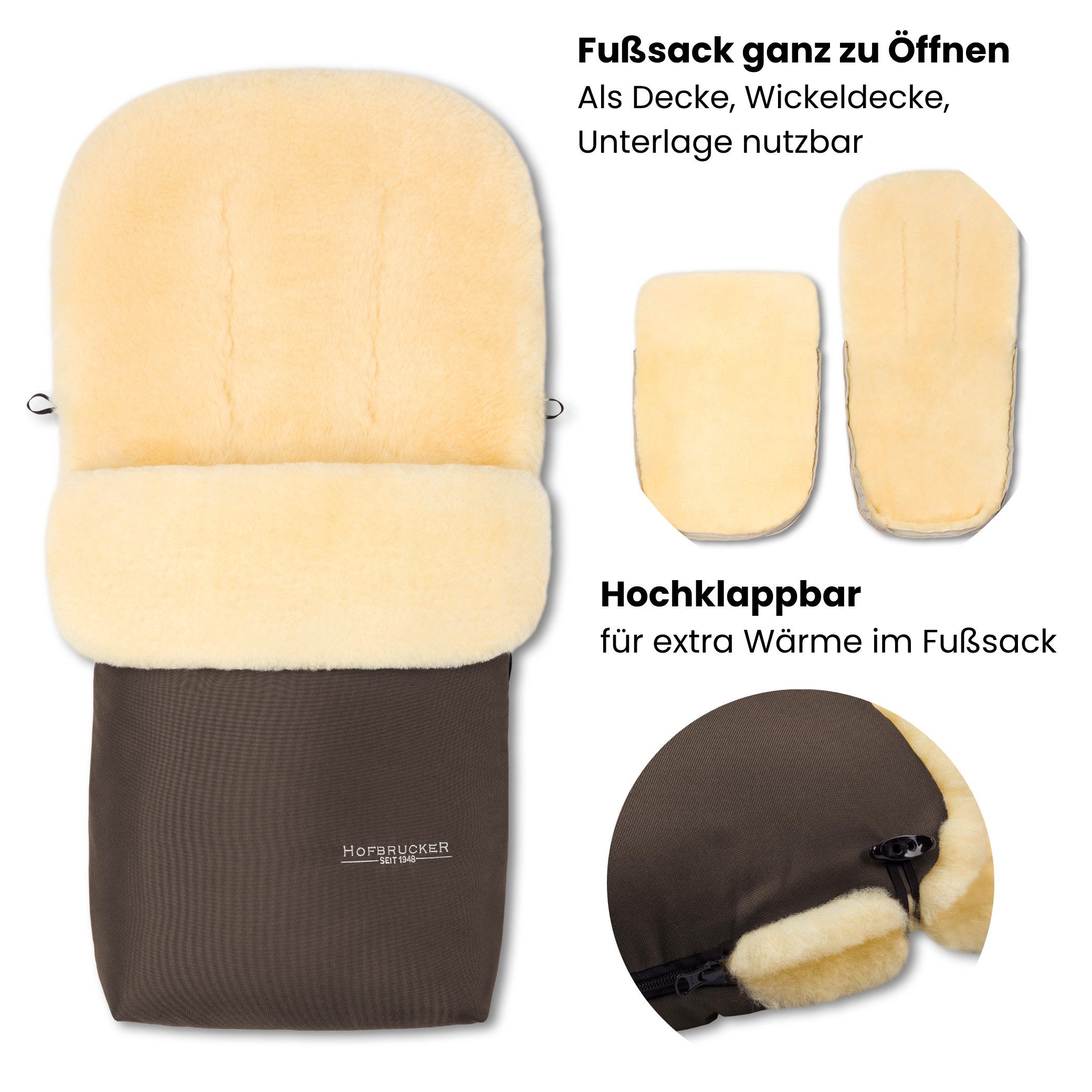 Hofbrucker seit 1948 Fußsack Lammfell-Fußsack Putzi für Kinderwagen und Buggy, warmer Winterfußsack mit echtem Lammfell wasserabweisend und