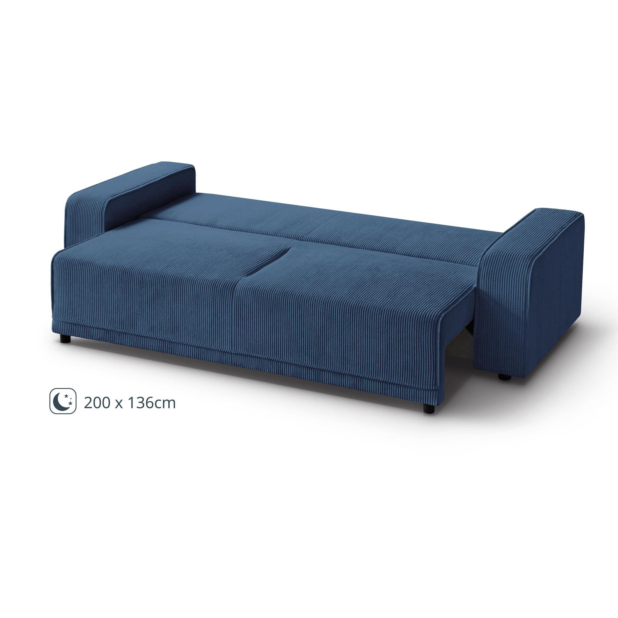 modernes Sofa, (poso Schlaffunktion, breite Schlafsofa Beautysofa Wellenfedern, Design Bettkasten, Armlehnen Blau 05) PRIMO,
