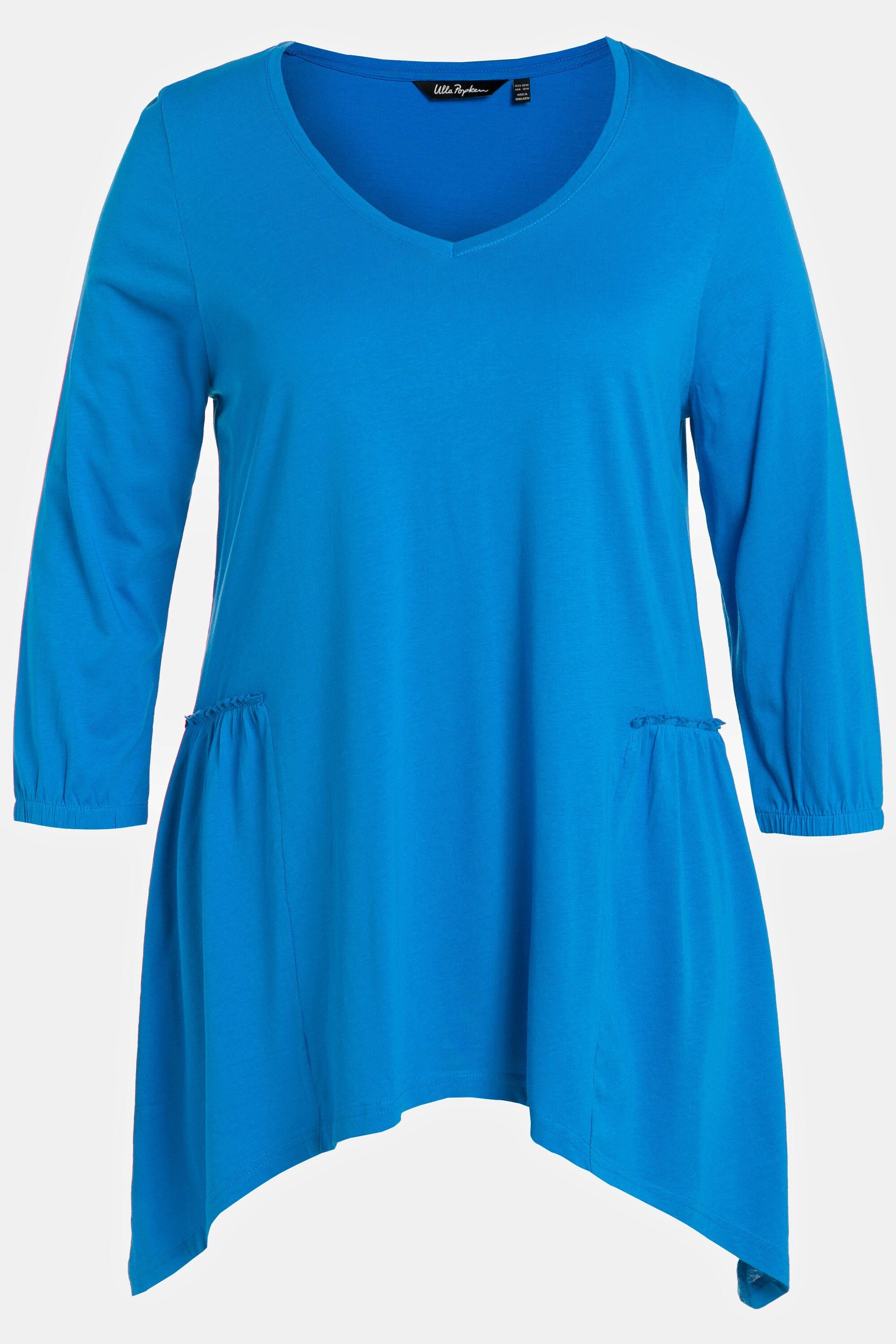 A-Linie ozeanblau Shirt 3/4-Arm Zipfelsaum V-Ausschnitt Popken Rundhalsshirt Ulla