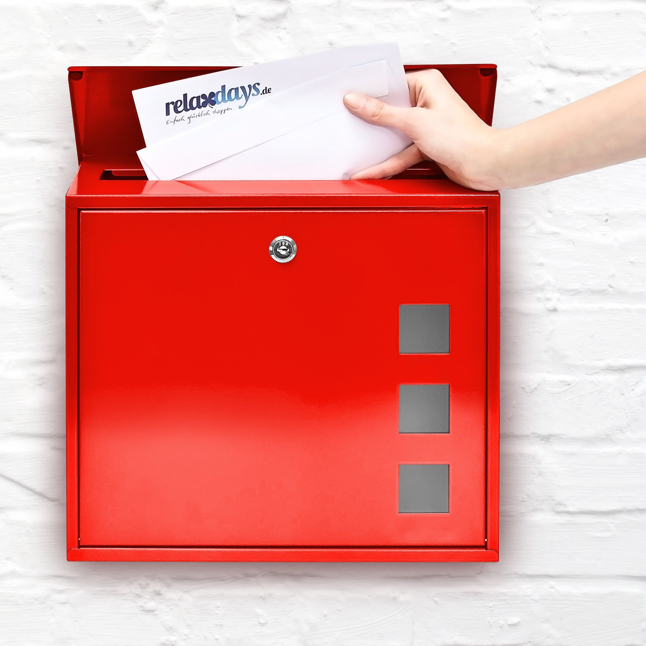 relaxdays Briefkasten Metall 3 Fenster Farbauswahl (1-St), rot – Bild 2 von 5