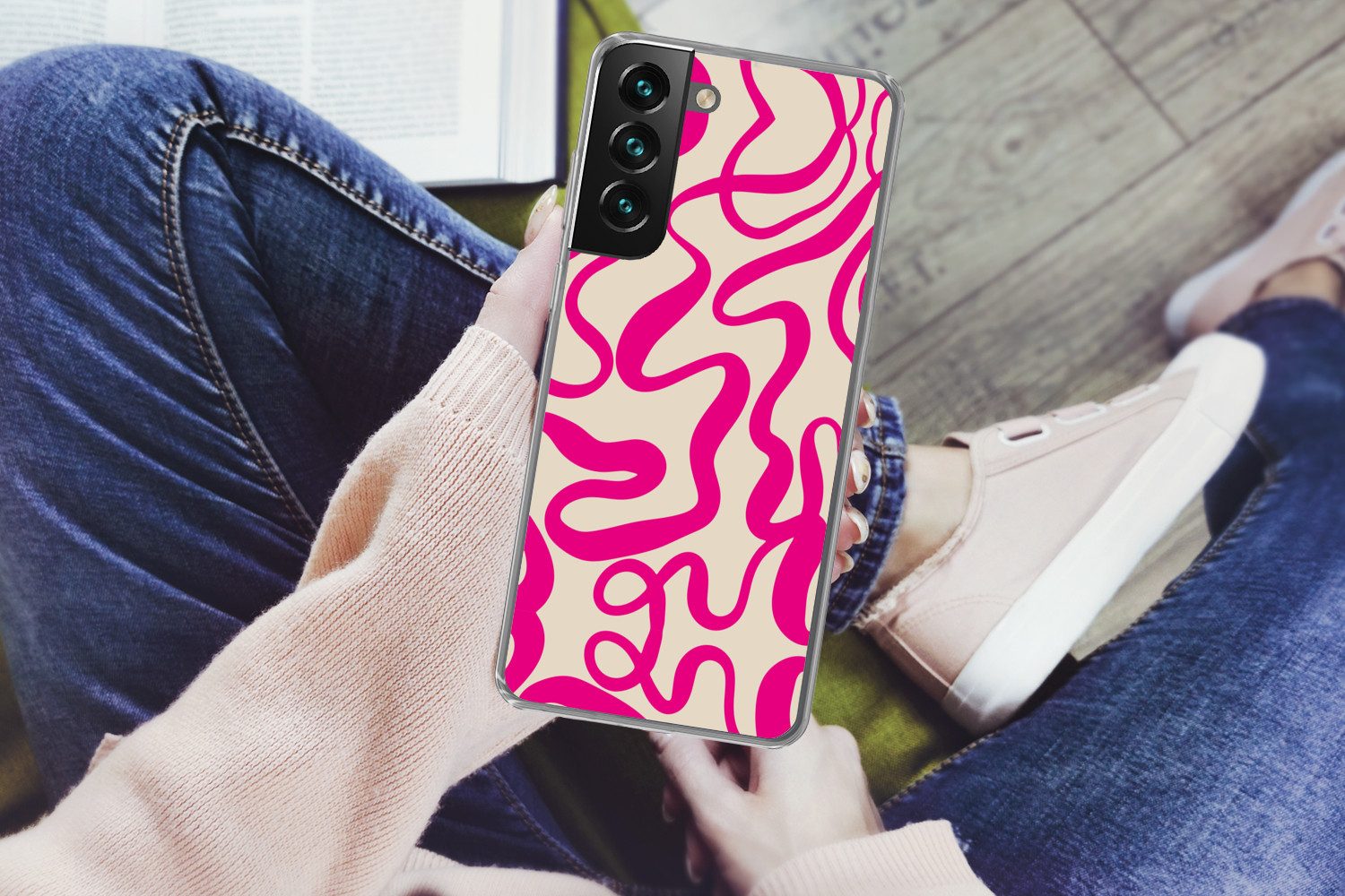 MuchoWow Handyhülle für Samsung Galaxy S22 Linien - Rosa - Beige - Abstrakt - Minimalistis, Phone Case, Silikon, Schutzhülle Dünn