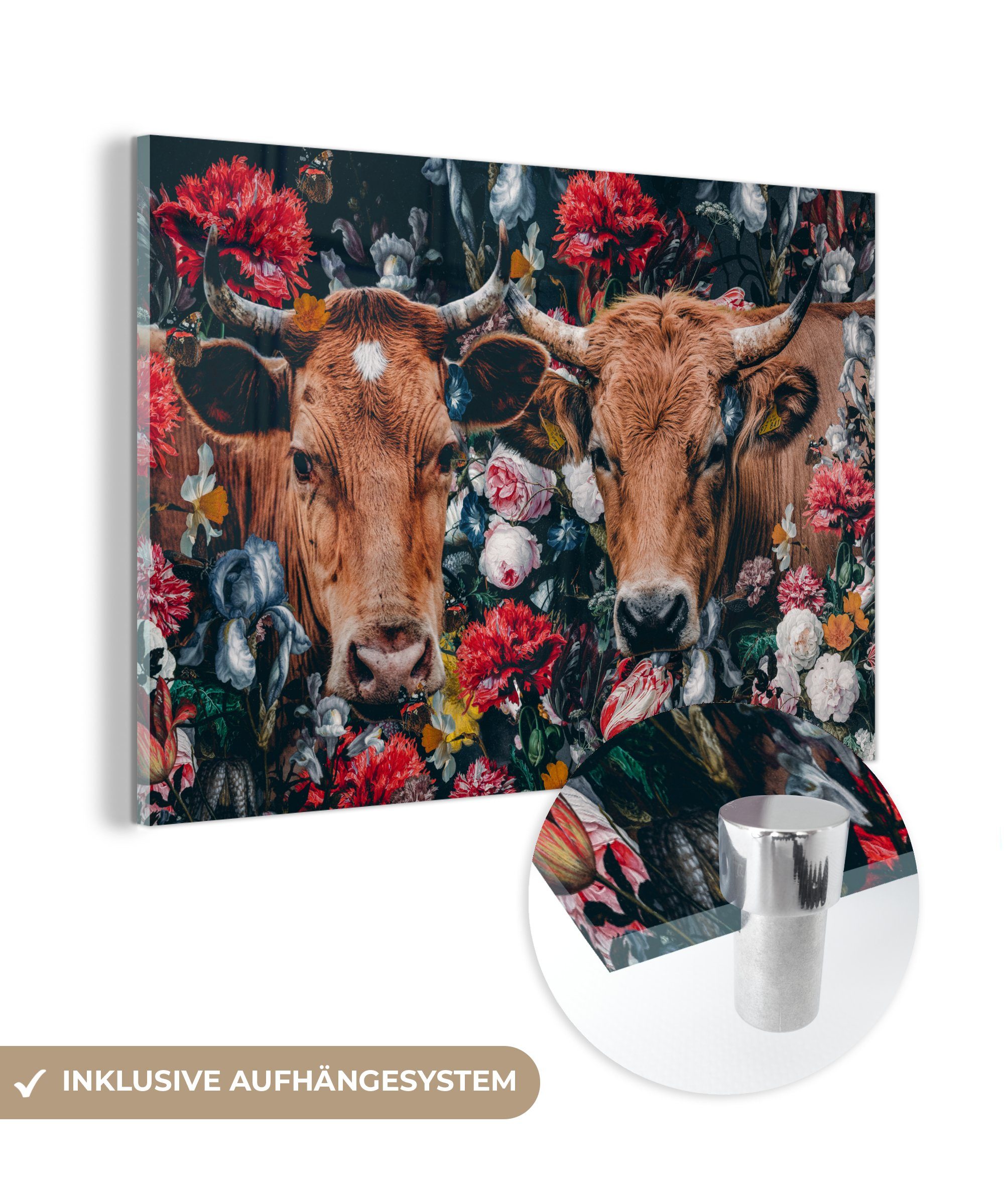 MuchoWow Acrylglasbild Kuh - Blumen - Tiere - Porträt, (1 St), Acrylglasbilder Wohnzimmer & Schlafzimmer