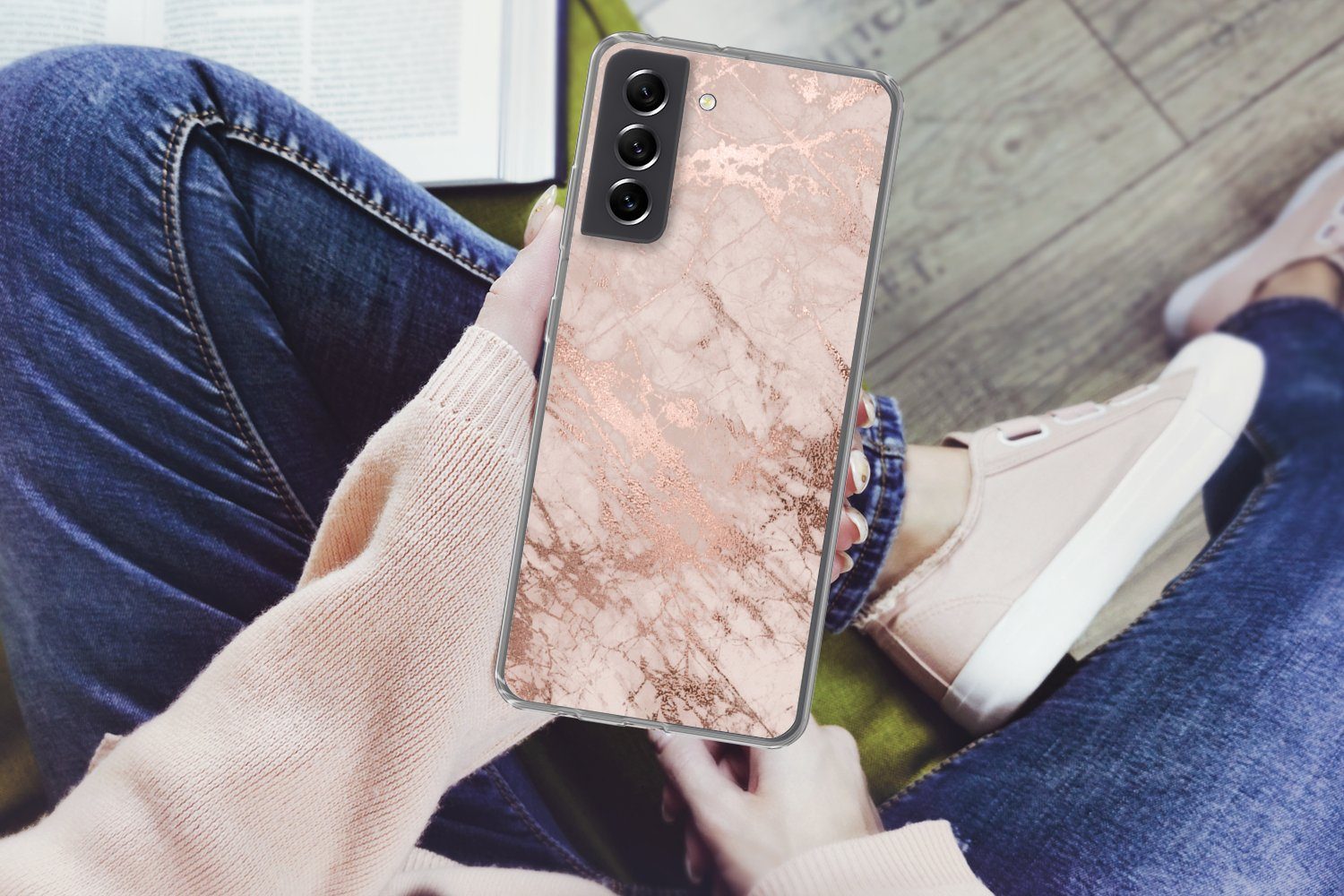 MuchoWow Handyhülle für Samsung Galaxy S21 FE Marmor - Rosa - Luxus - Marmoroptik - Glitze, Phone Case, Silikon, Schutzhülle Dünn