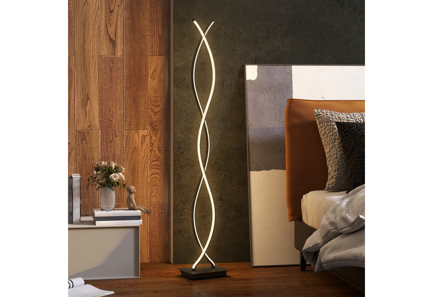 HOMCOM Stehlampe Standleuchte Modern 144 cm für Wohnzimmer und Schlafzimmer, Dimmfunktion, LED fest integriert, Neutralweiß, Doppelspiral-Design, 3 Stufen dimmbar