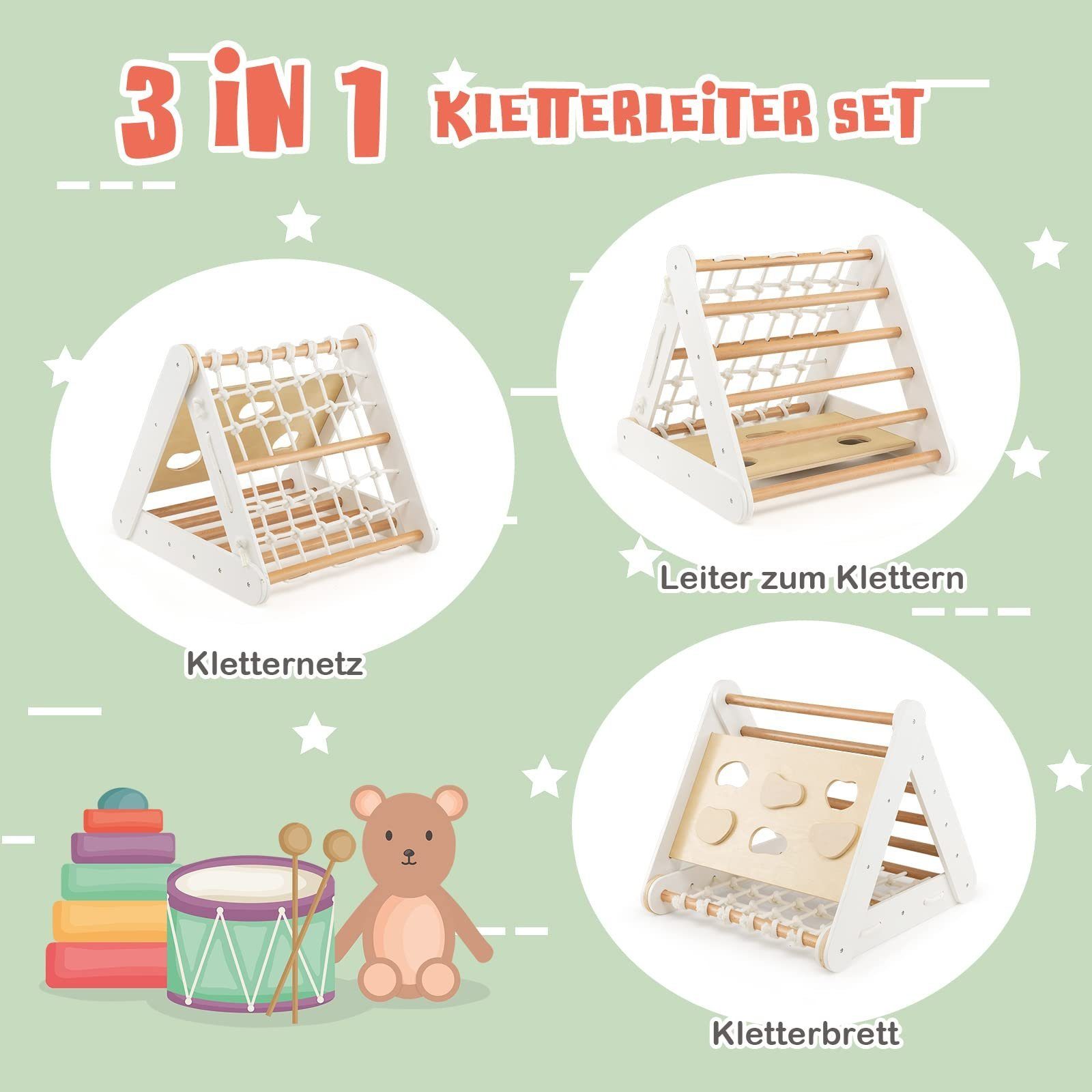 COSTWAY Klettergerüst 4 in 1 Kletterdreieck, mit Rutsche, aus Holz günstig online kaufen