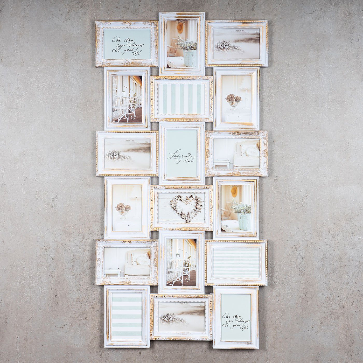 Levandeo® Bilderrahmen Collage, Bilderrahmen weiß gold gewischt 18 Fotos Ba günstig online kaufen