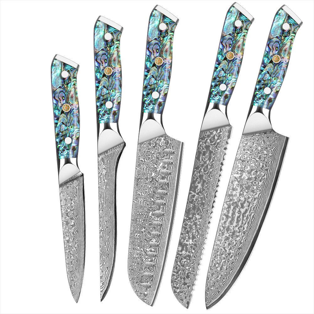 KingLux Messer-Set 5tlg. Damast Messerset aus VG10 Damaststahl mit Abalone-Muschel griff (5-tlg)