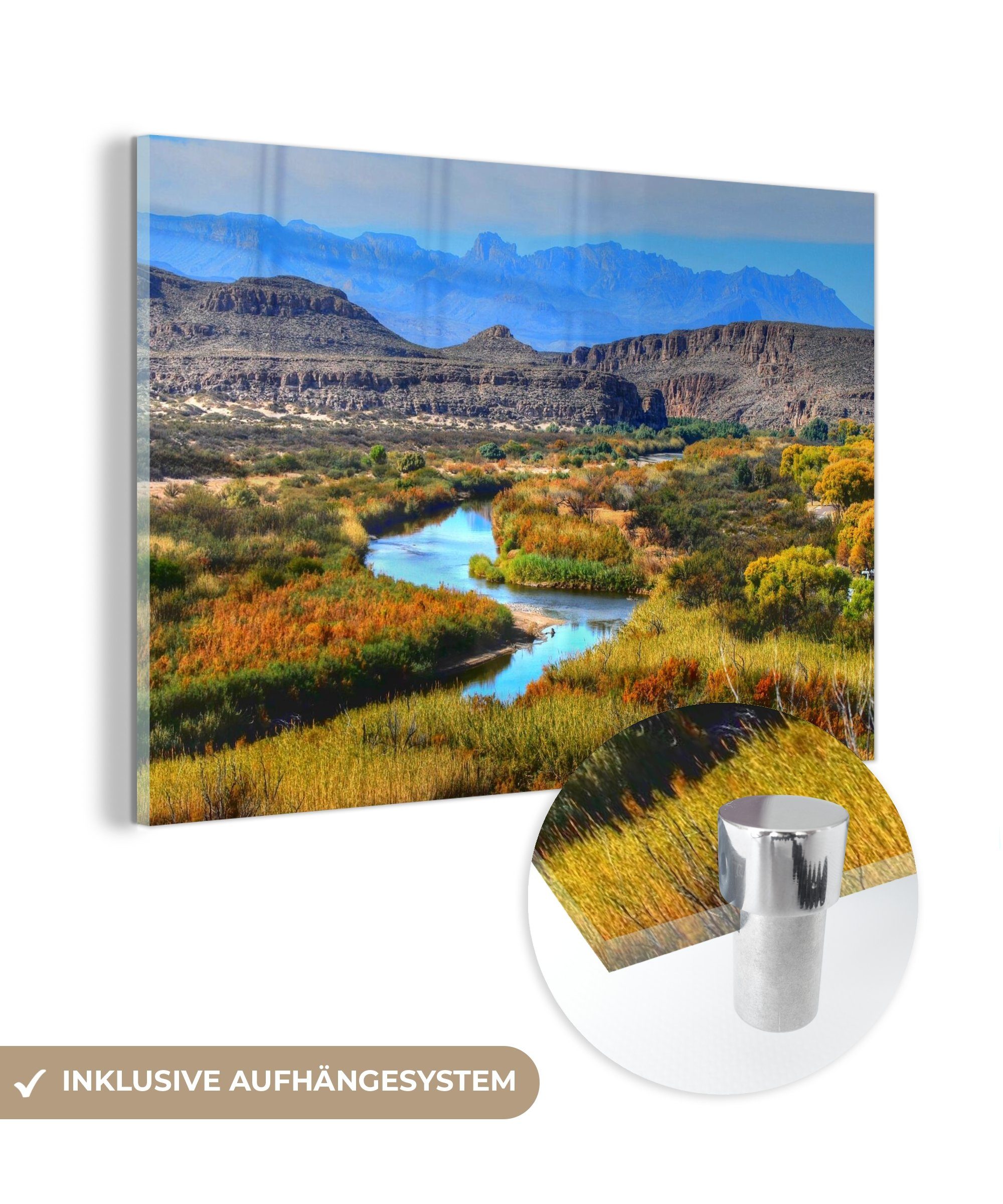 MuchoWow Acrylglasbild Ein Fluss und die hügelige Landschaft des Big Bend National Park, (1 St), Acrylglasbilder Wohnzimmer & Schlafzimmer