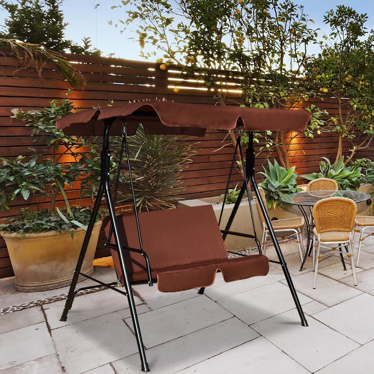 Gartenschaukel, 2-Sitzer Sonnendach, COSTWAY Hollywoodschaukel mit Gartenliege, Braun