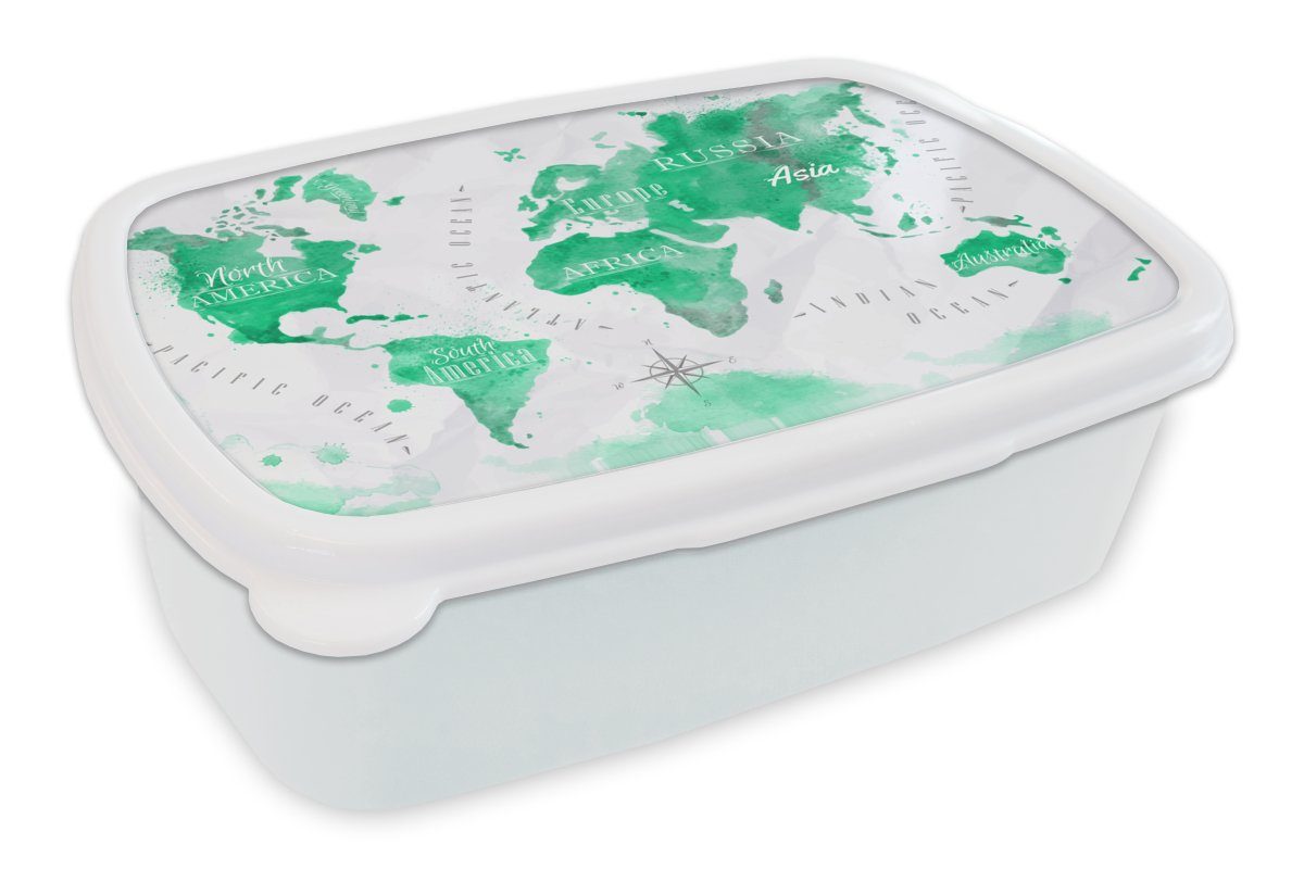 MuchoWow Lunchbox Weltkarte - Ölfarbe - Grün, Kunststoff, (2-tlg), Brotbox für Kinder und Erwachsene, Brotdose, für Jungs und Mädchen weiß