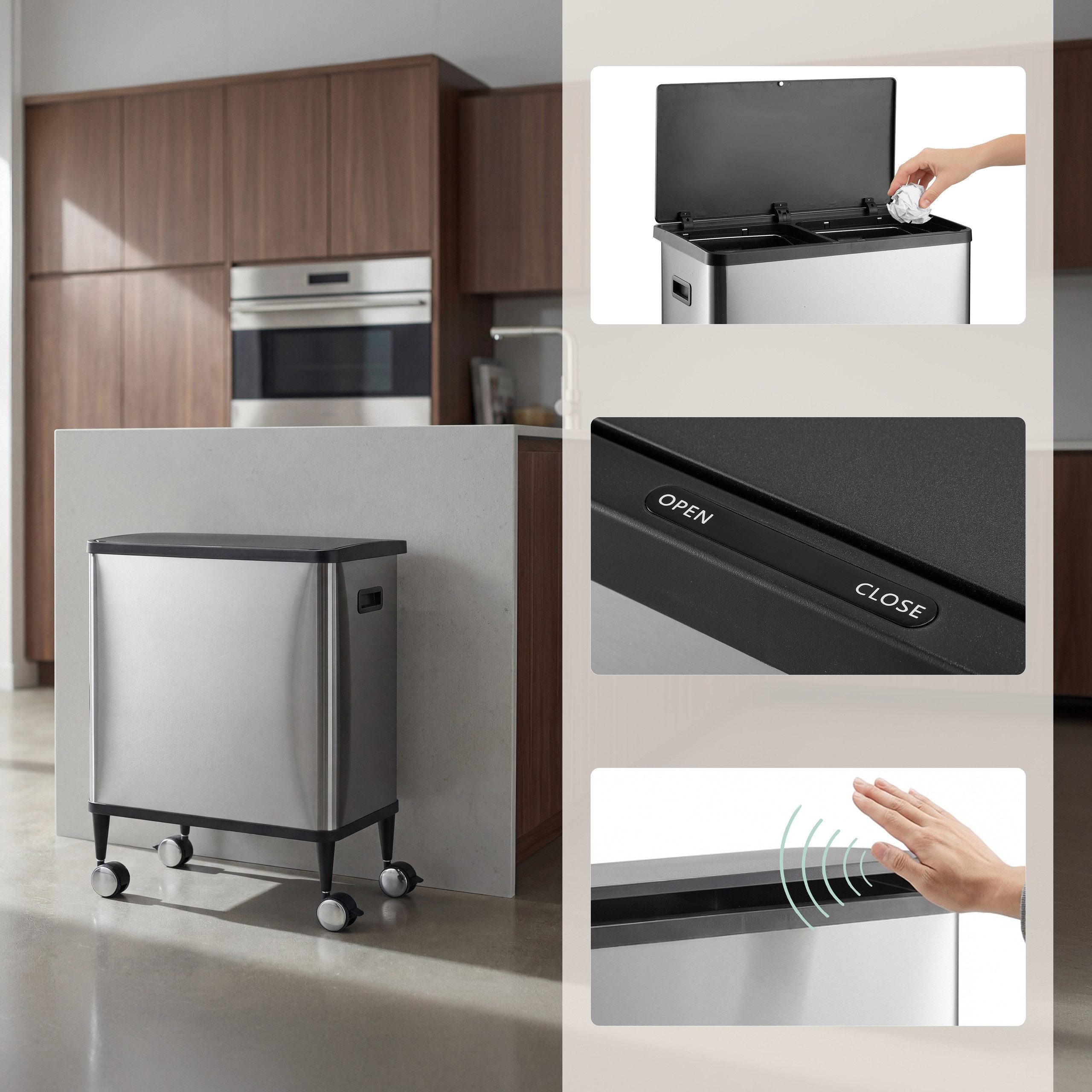 hjh OFFICE Mülleimer Mülleimer Clean Mobile Edelstahl, Mülltrennsystem 2 Fächer mit Rollen, Sensor Deckel, luftdicht, 48L