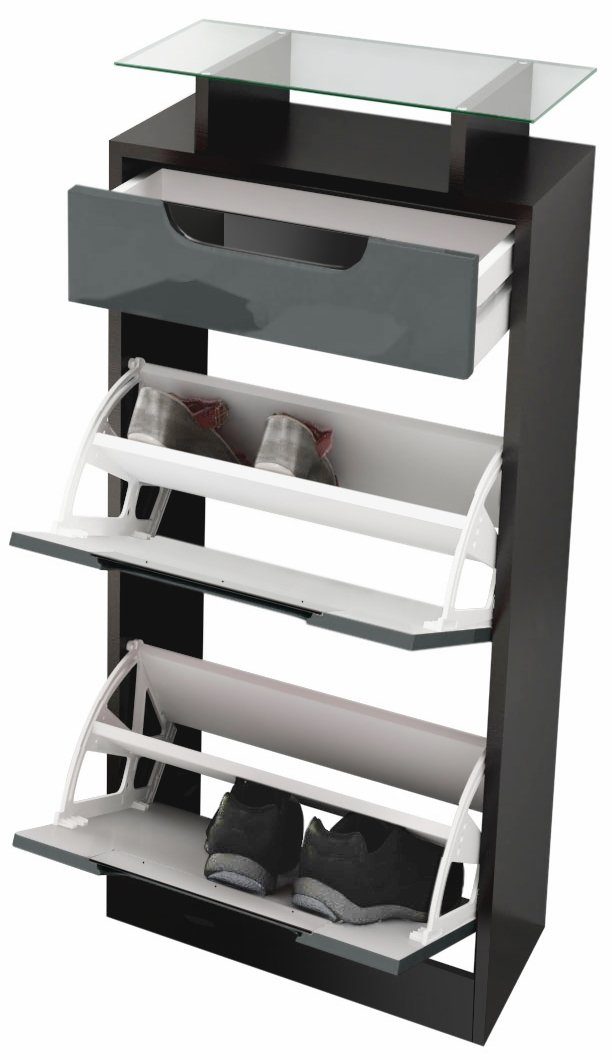 Vladon Schuhschrank Fiesta V2 (Schuhkipper für 8 Paar Schuhe, mit 2 Klappen, Schublade und Glasablage) Schwarz matt/Brombeer glänzend, Mulden in Weiß glänzend (46x104x23 cm)