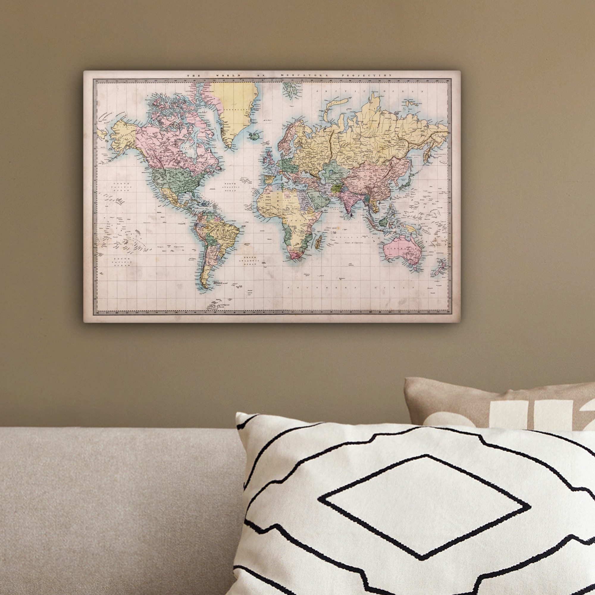OneMillionCanvasses® Leinwandbild Weltkarte - Retro - Farben, Fotodruck (1 St), Leinwand Bilder Klein, Wand Dekoration Aesthetic 30x20 cm – Bild 4 von 5