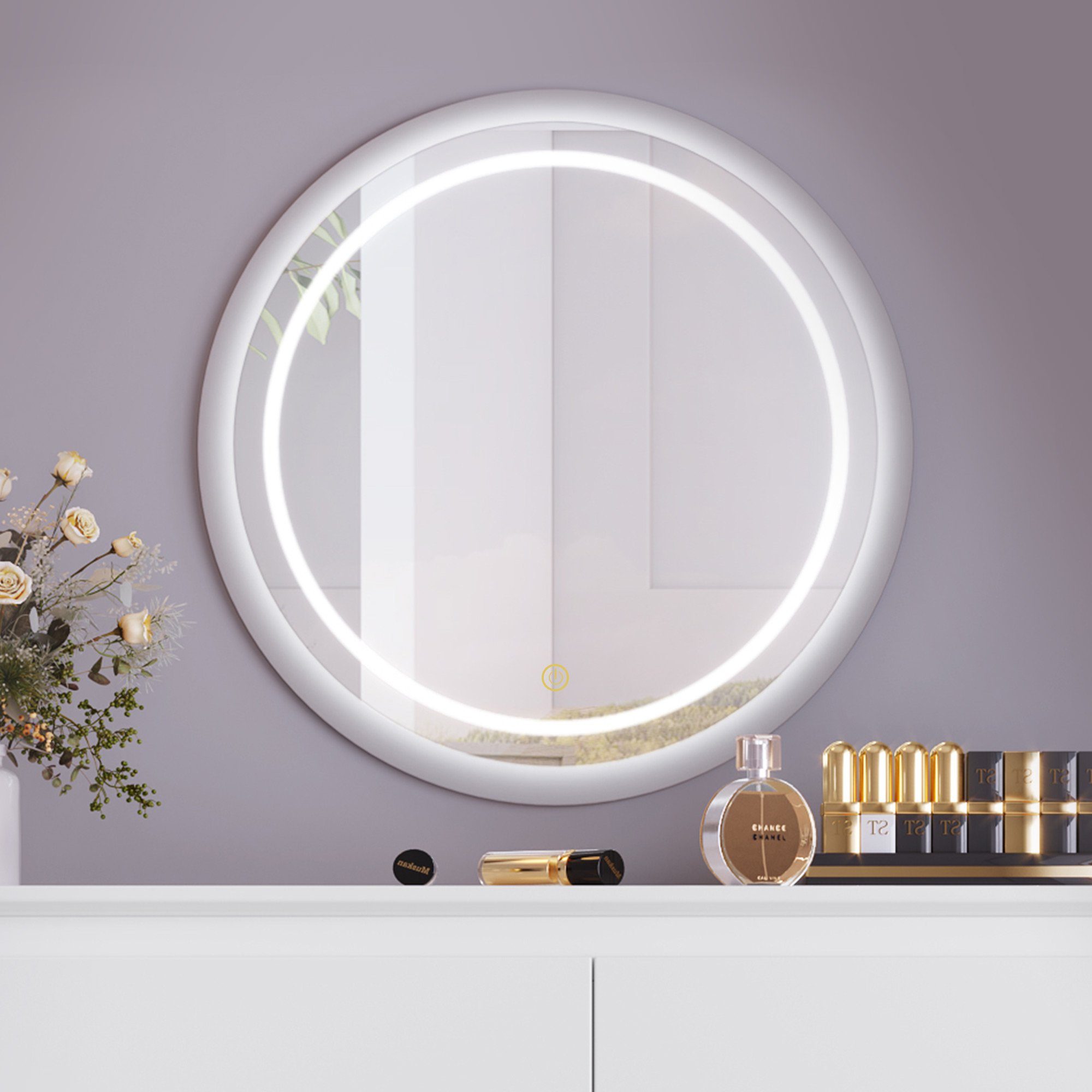 Odikalo Kosmetikspiegel LED-Spiegel, Wandspiegel, Touch-Funktion,Schlafzimmer, 54x54cm,rund | Schminkspiegel