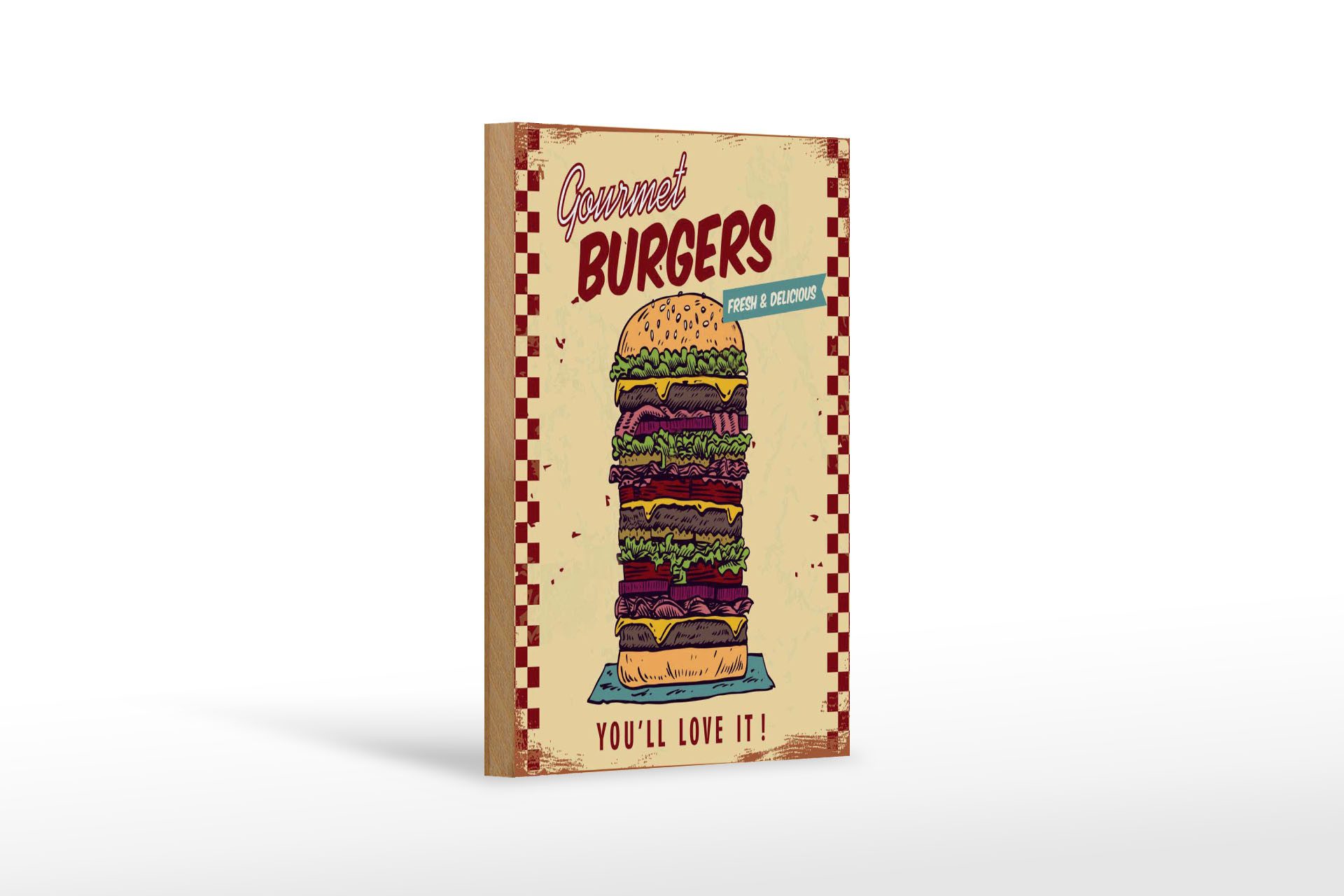 Femer GmbH Holzbild Reklame 12x18 cm Gourmet Burgers, (1 St), Glatte Holzfaserplatte (MDF), vorn beschichtet