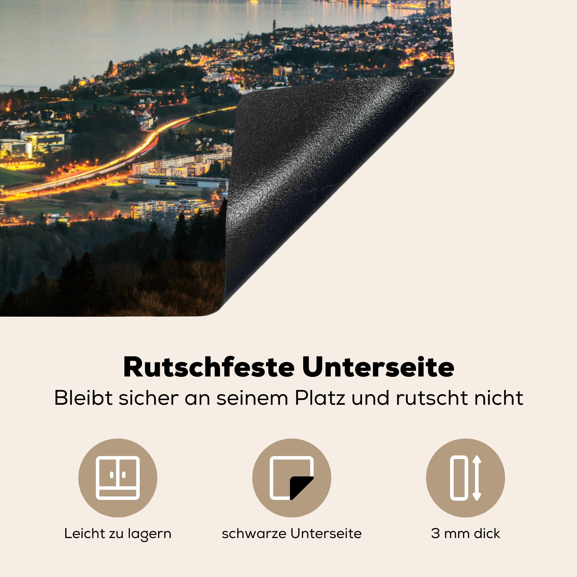 in Herdblende-/Abdeckplatte 81x52 bei Induktionskochfeld tlg), Zürich Ceranfeldabdeckung Vinyl, Schweiz, für Schutz die (1 MuchoWow Sonnenuntergang der cm, küche,