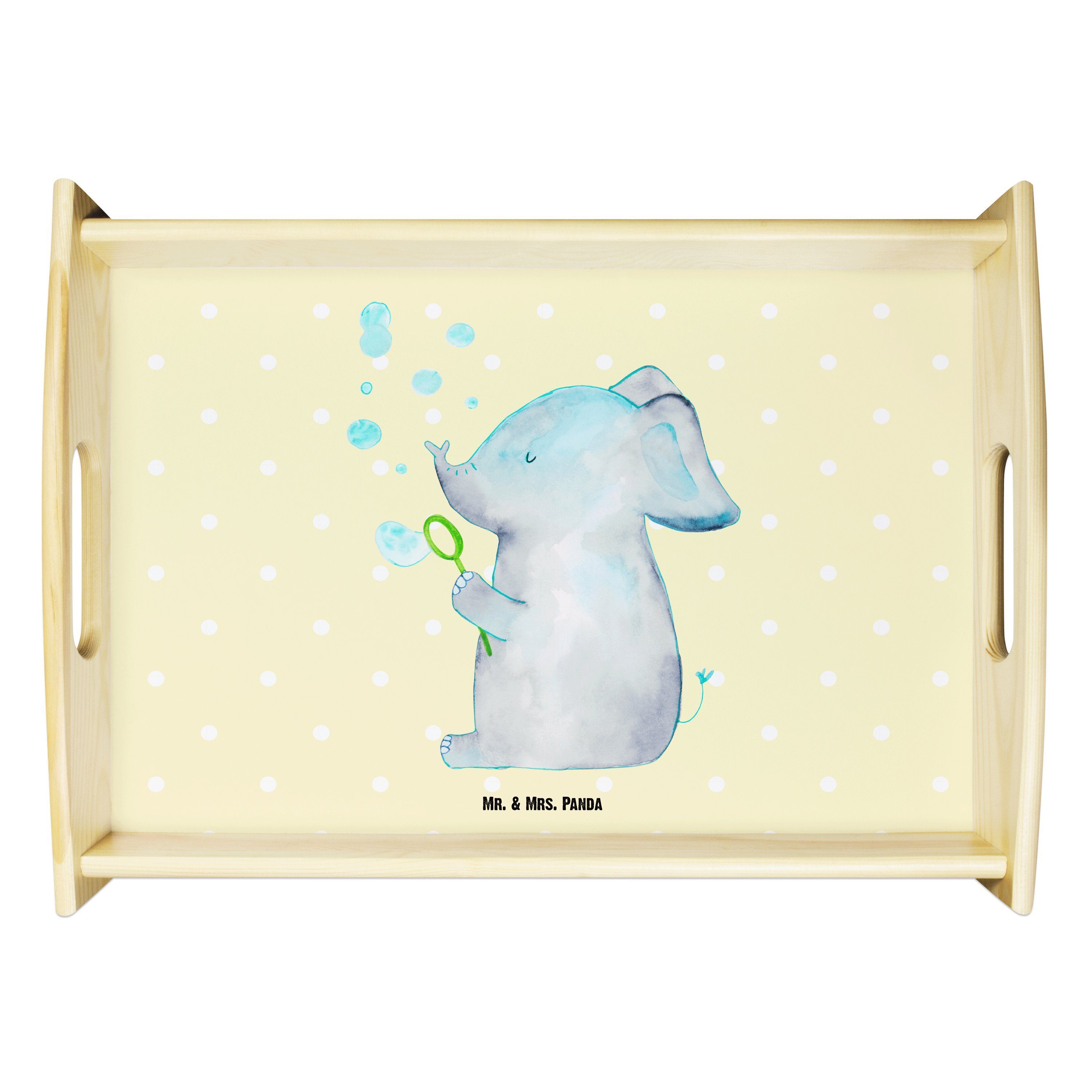 Mr. & Mrs. Panda Tablett Elefant Seifenblasen - Gelb Pastell - Geschenk, Heimat, lustige Sprüc, Echtholz lasiert, (1-tlg)