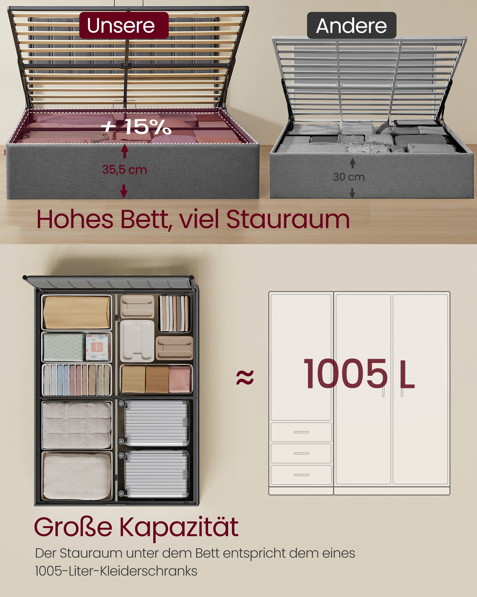 VASAGLE Polsterbett (160 x 200 cm, Hydrauliksystem, hochtragfähig), Bettrahmen, klappbar Lattenrost, Stauraum, in 3 Größen verfügbar