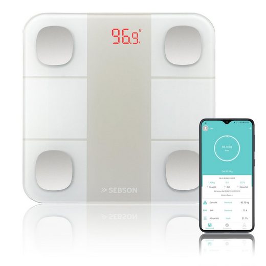 SEBSON Körper-Analyse-Waage »Personenwaage mit App digital Bluetooth bis 180kg, Körperfett, Muskelanteil, BMI - Körperfettwaage«, Körperanalyse (13 Körperwerte)