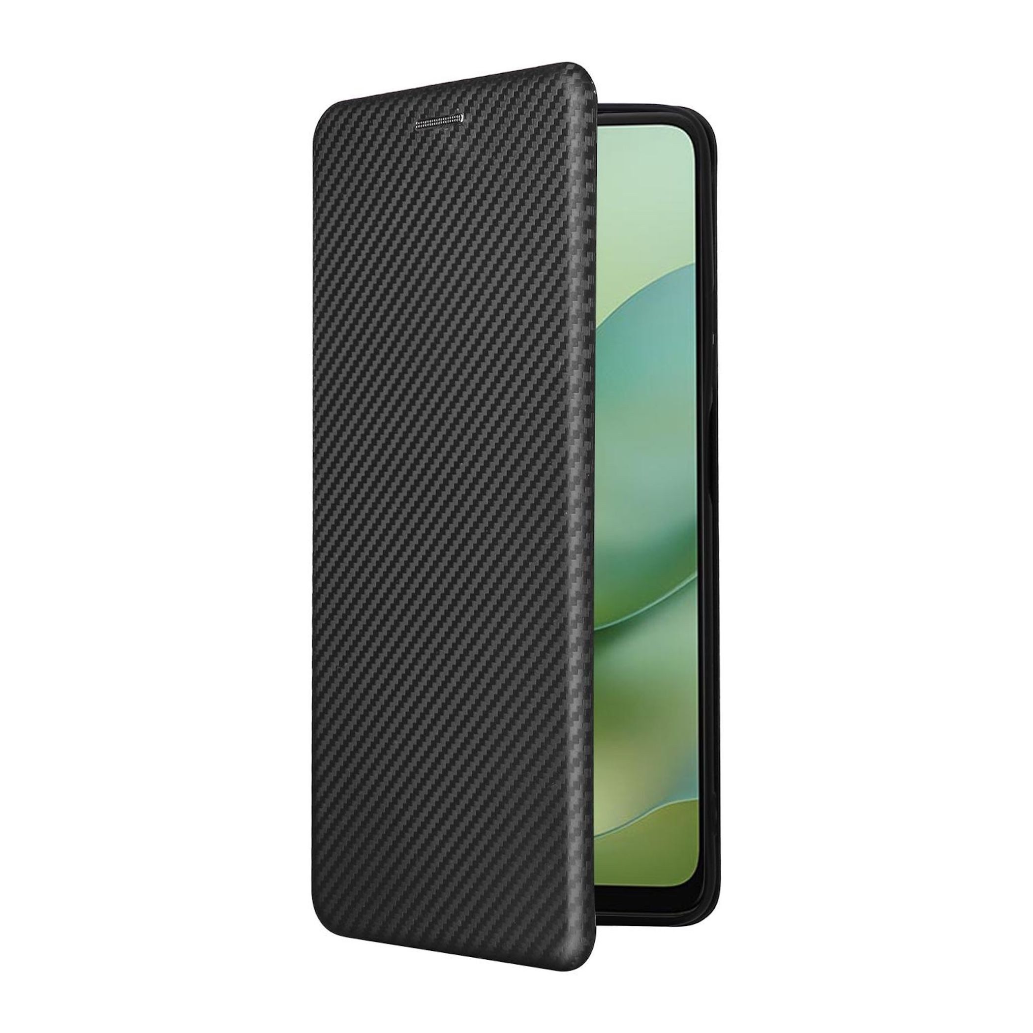 Wigento Smartphone-Hülle für Motorola Moto G06 4G / G06 Power 4G Carbon Textur Flip Kunstleder, Carbon Faser Flip Schutzhülle mit Kartenfach und Ständer