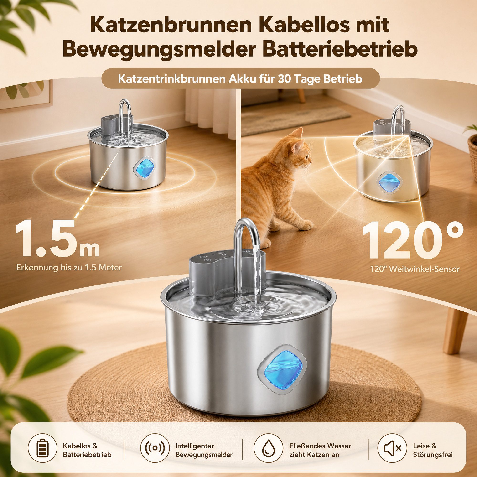 marmortrend Sehnsucht nach Einzigartigkeit Trinkbrunnen für Katzen, Katzenbrunnen Kabellos Edelstahl 3,2L mit Bewegungssensor, Wasserbrunnen für Katzen mit Liese Pumpe, 2 Filter, Leicht zu reinigen