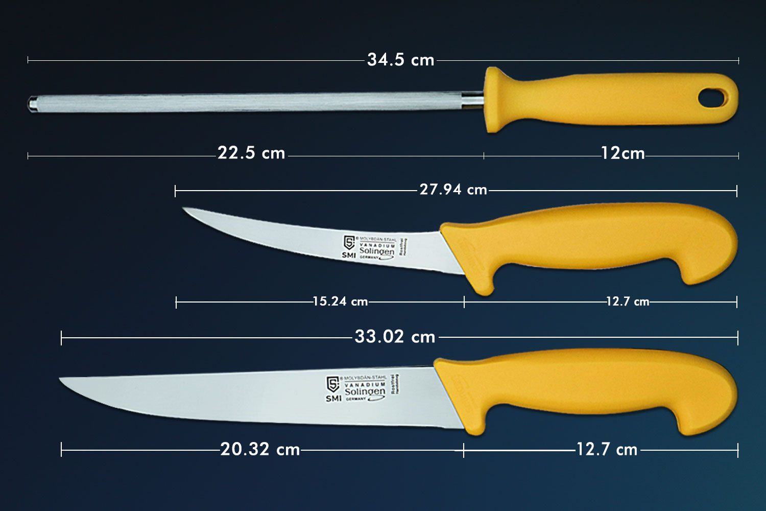 SMI Kochmesser 3-tlg Küchenmesser set Solingen Ausbeinmesser Metzgermesser Wetzstahl