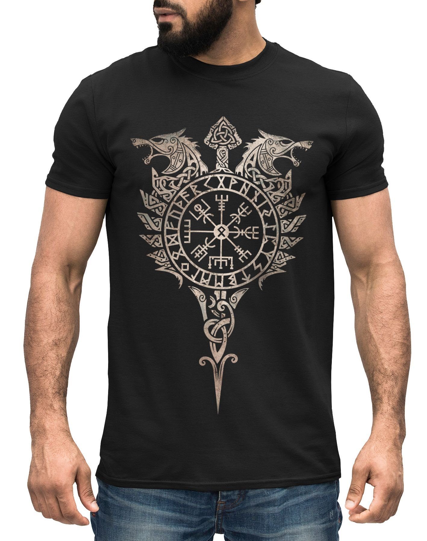Print-Shirt Herren T-Shirt Fenrir Wolf Vegvisir Wikinger Odin Schwert Runen