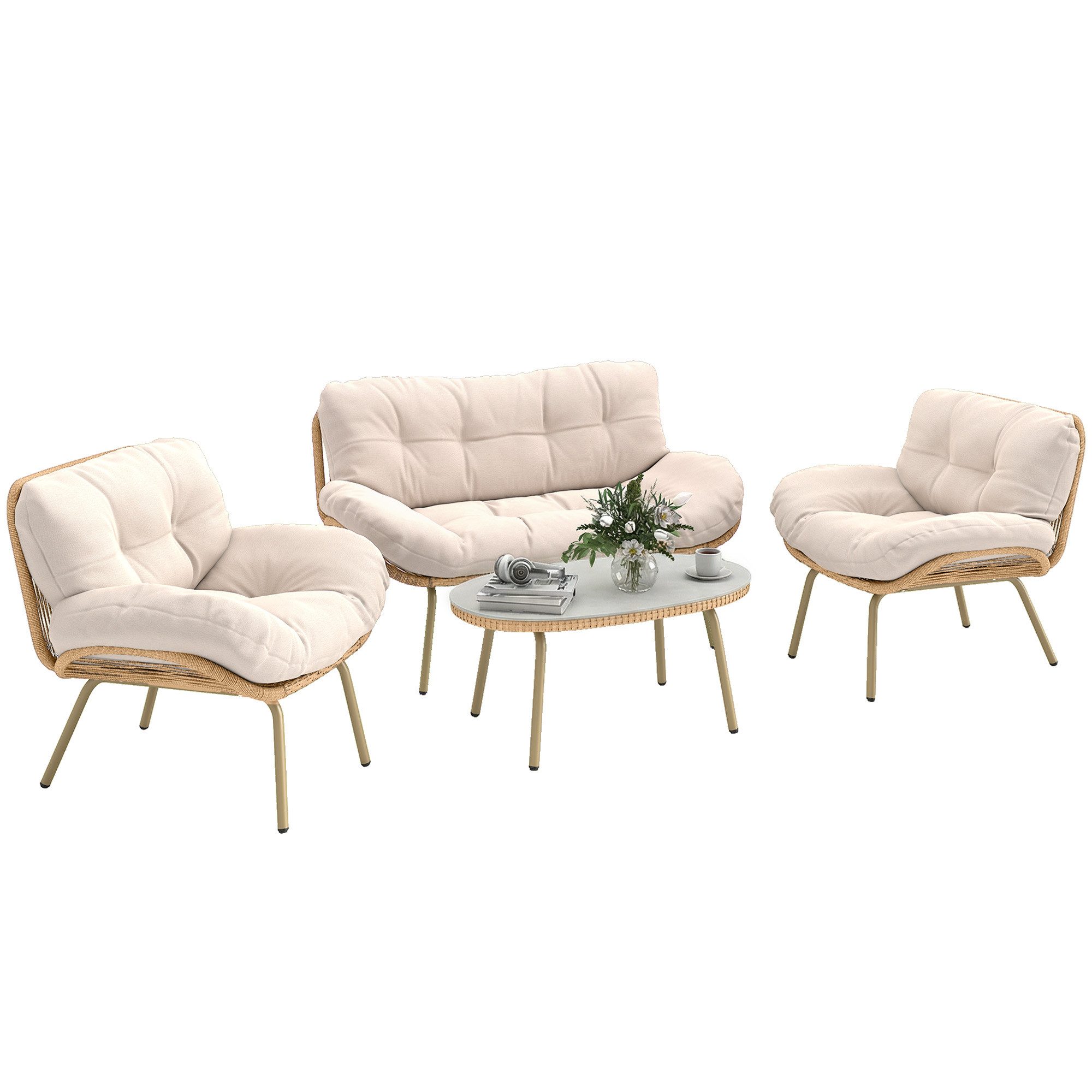 Outsunny Sitzgruppe mit Zweisitzer, 2 Sessel, Tisch, Tiefem Sitz, Dicke Kissen, (Polyrattan Lounge-Set, 4-tlg., Gartenmöbel Set), für Garten Balkon Beige