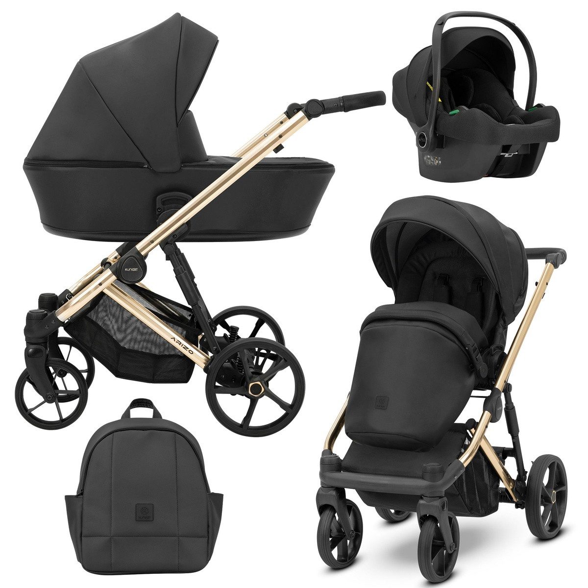 KUNERT Kombi-Kinderwagen ARIZO PREMIUM 3in1 Öko-Leder Kinderwagen mit goldenem Gestell, 5-Punkt-Gurt, verstellbare Rückenlehne, UV50-Sonnenschutz