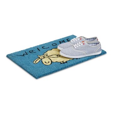 Fußmatte Fußmatte Kokos WELCOME Schaf blau, relaxdays, Höhe: 15 mm