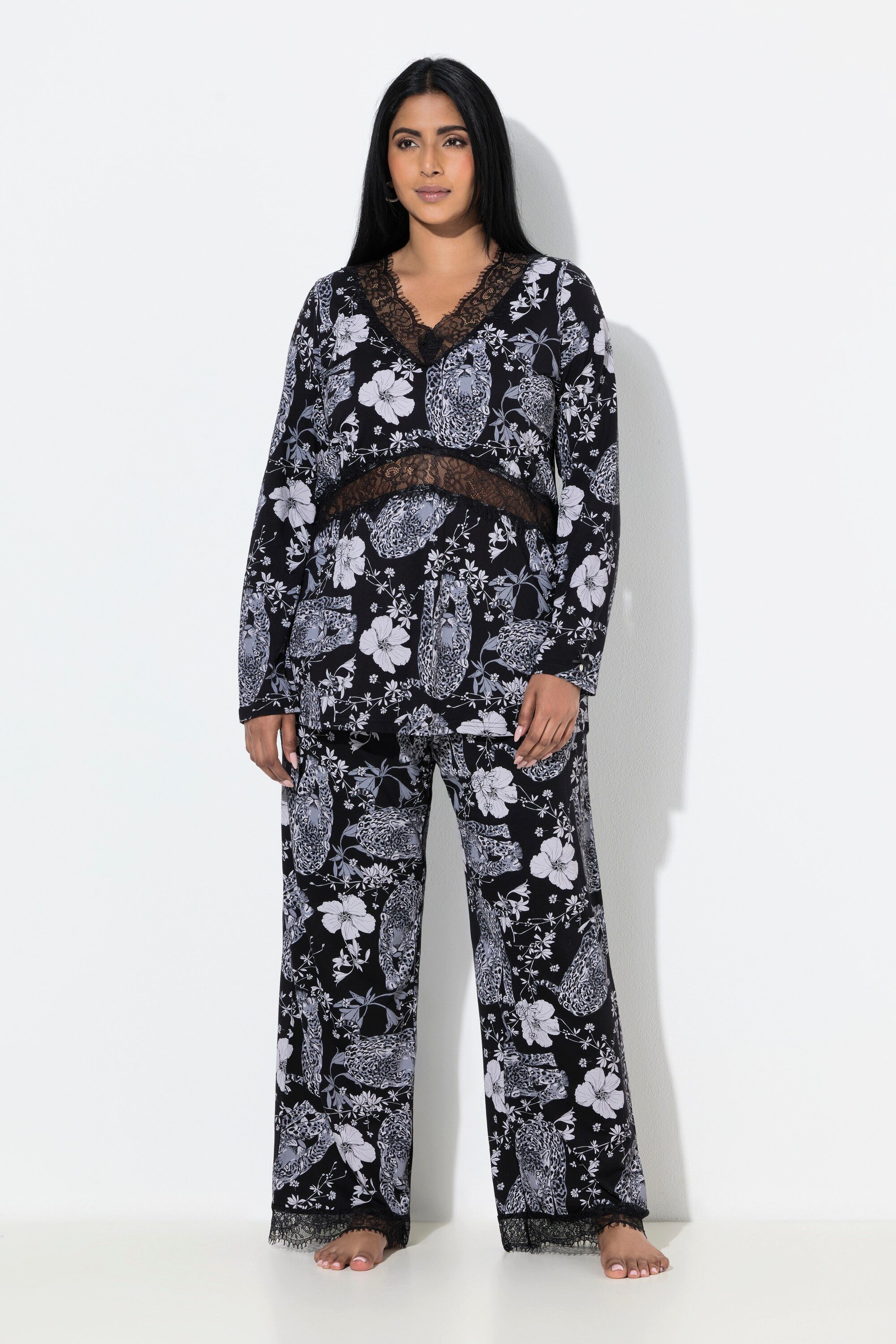 Ulla Popken Pyjama TruYou Pyjama Zweiteiler Rosen Spitze günstig online kaufen