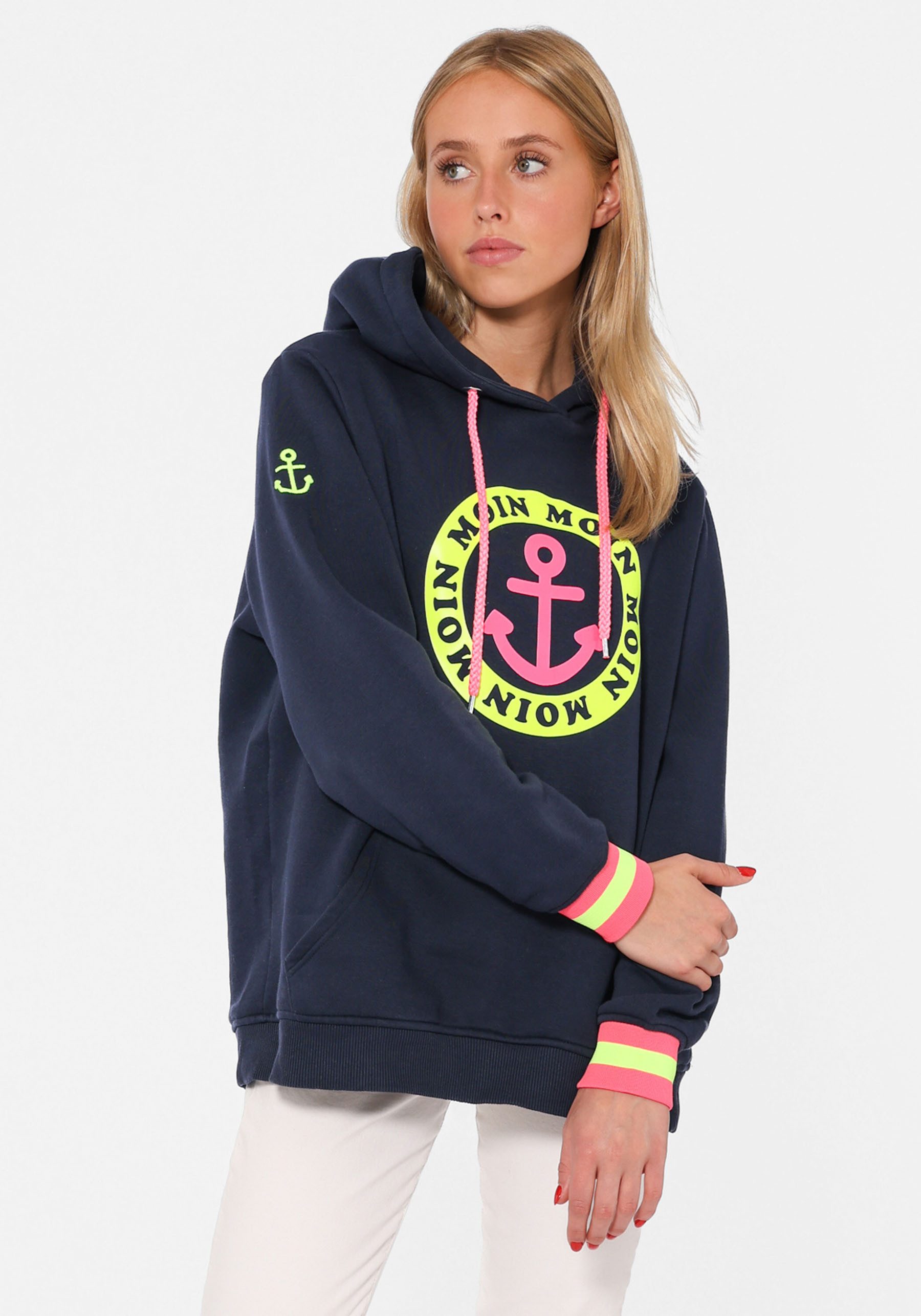 Zwillingsherz Hoodie Langarm, Kapuze, Neon-Details, Kordelzug, Frontprint, günstig online kaufen