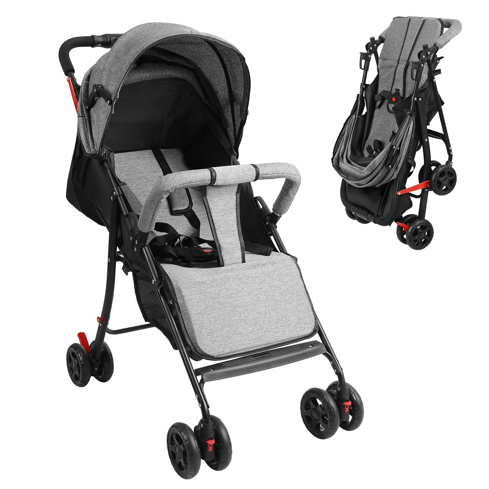 Rutaqian Kinder-Buggy Baby Kinderwagen bis 10 Kg, 0-2 Jahre, Zusammenklappbar, Grau, (Buggy Reisebuggy, 1-tlg), Klein Zusammenklappbar mit verstellbarer Rückenlehne und Einkaufskorb