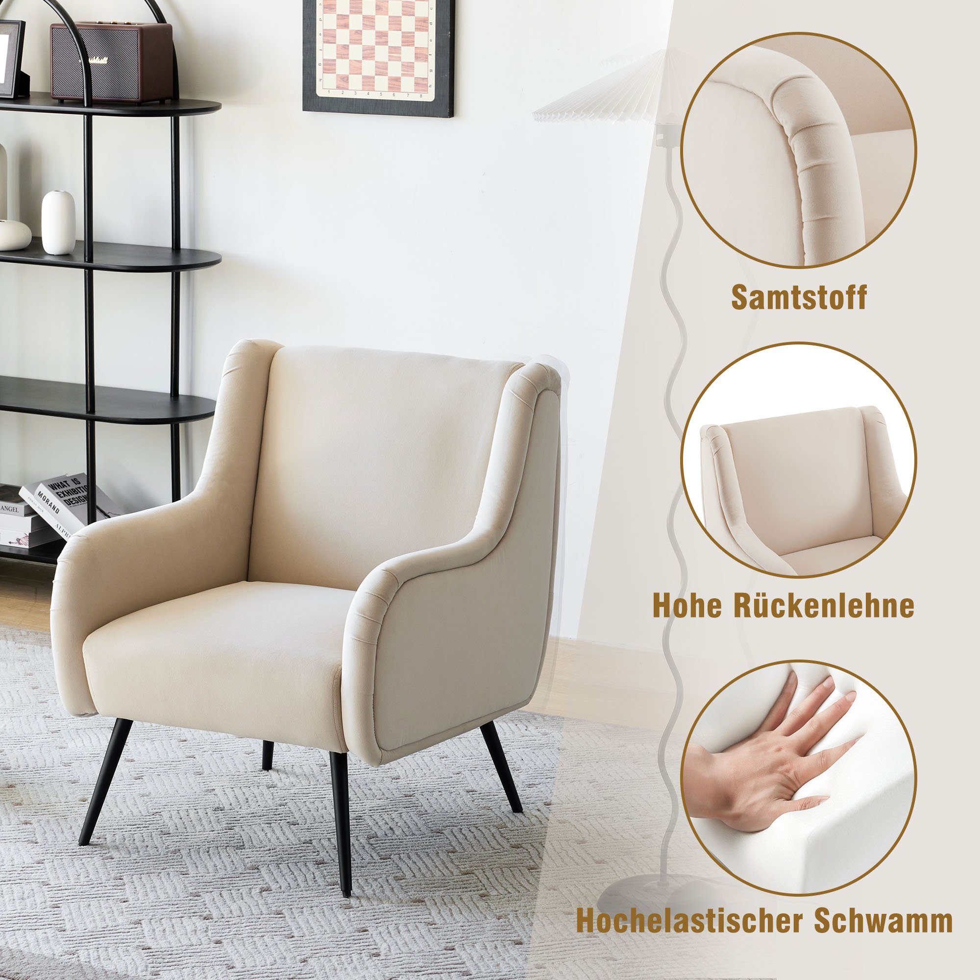 Polstersessel Loungesessel im beige Rückenlehne, hoher Samtstuhl Metallbeinarmlehne), mit Relaxsessel (Wohnzimmer-Freizeitsessel modernen mit Stil, Sessel Samtstuhl, OKWISH