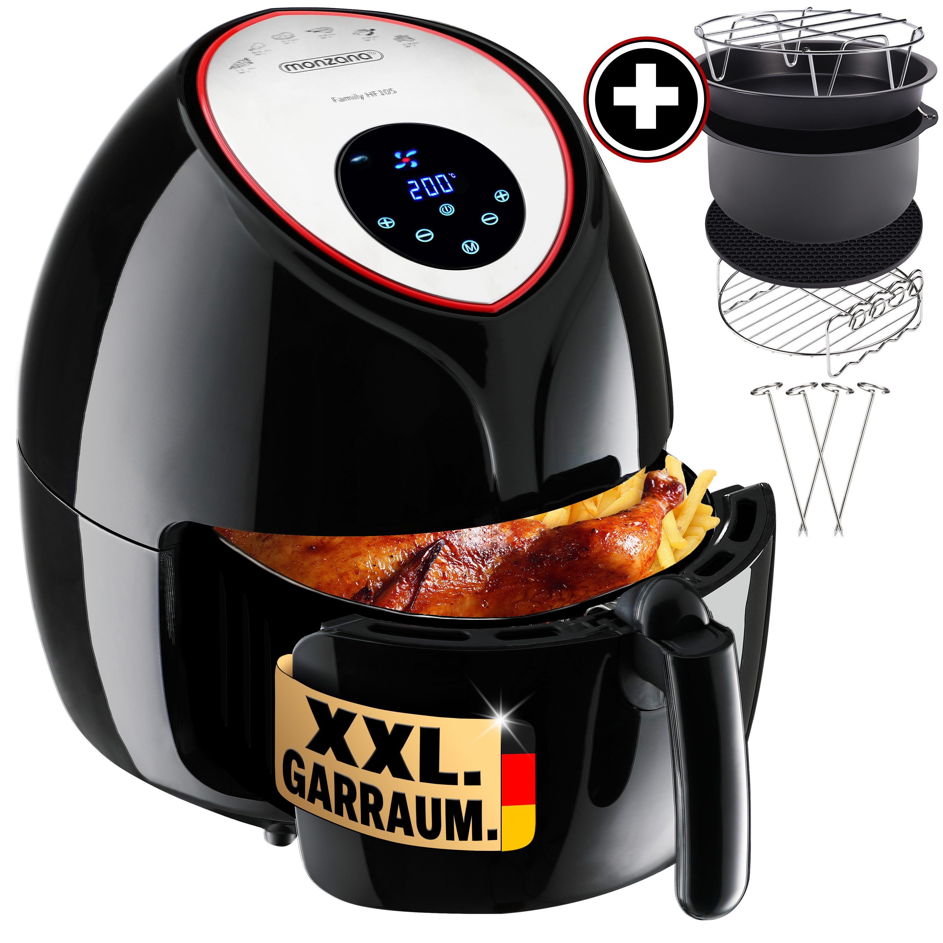 monzana Heißluftfritteuse, 1850 W, 6,5 Liter inkl. Kuchenform Pizzapfanne Grillrost 1850 W ohne Öl Küche