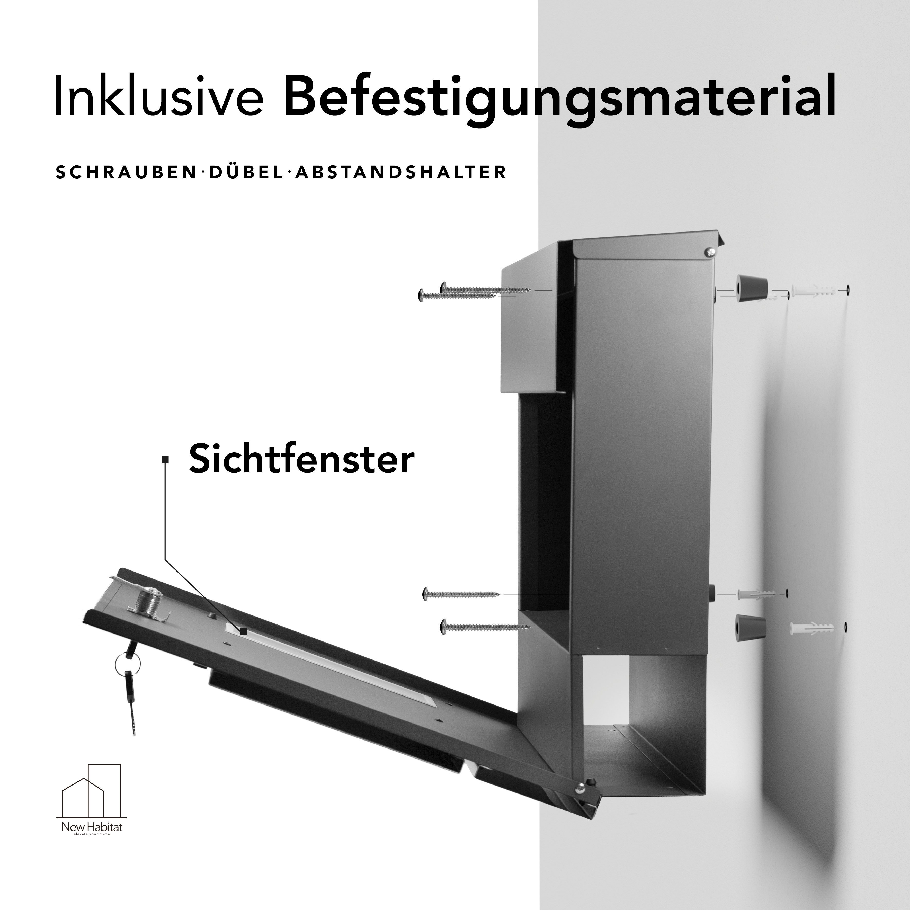 NewHabitat Briefkasten Moderner Wandbriefkasten Personalisierbar Anthrazit RAL7016 (Komplettset, Modell: London), Rostfrei