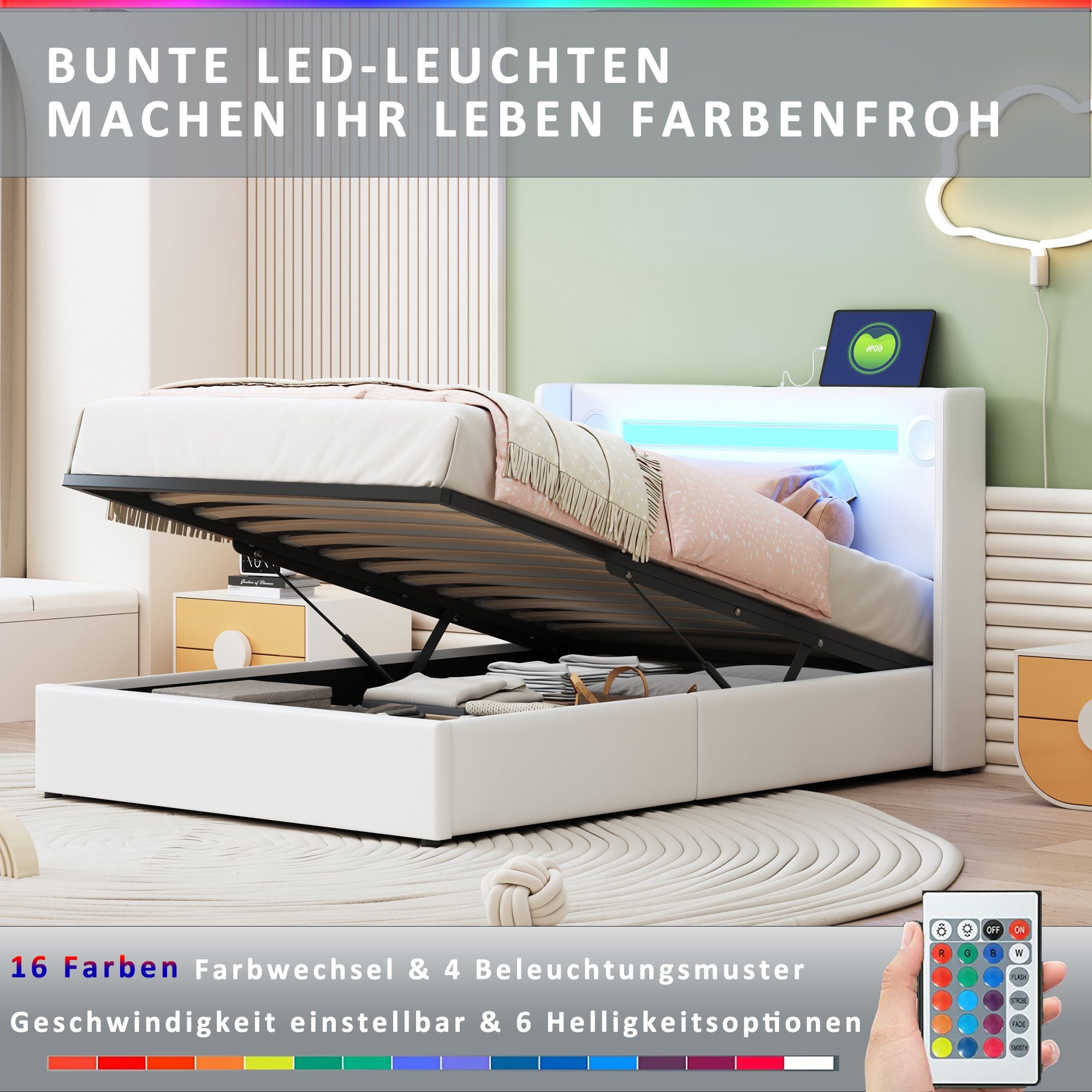 HAUSS SPOLE Polsterbett mit LED-Lichtleiste, Bluetooth-Player günstig online kaufen