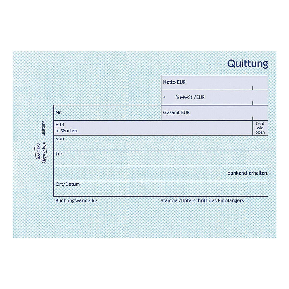 Avery Zweckform Formularblock Quittung, MwSt. separat mit Netto-Brutto, 1-fach, A6, 50 Blatt
