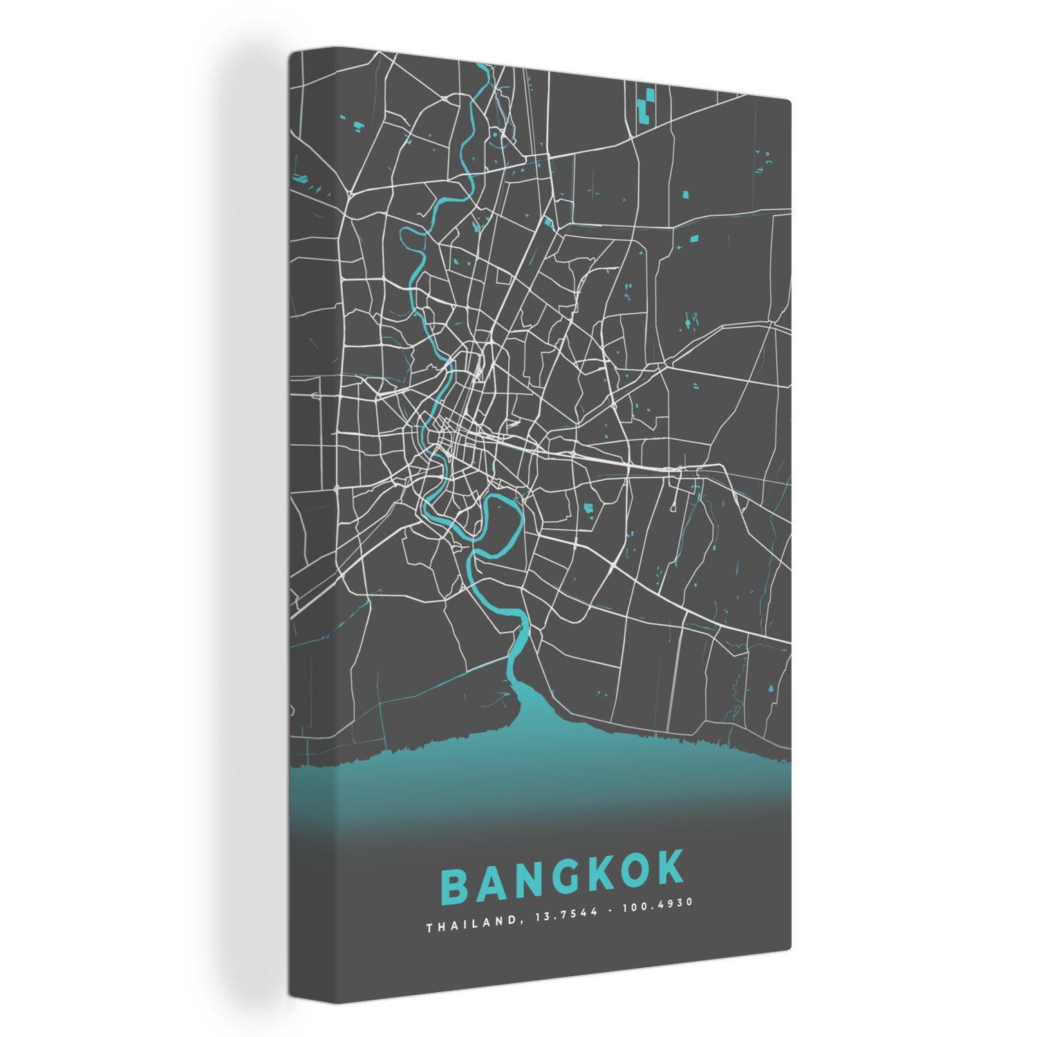 OneMillionCanvasses® Leinwandbild Bangkok - Blau Leinwandbild cm Stadtplan, - St), Zackenaufhänger, fertig 20x30 Gemälde, (1 Karte - bespannt inkl